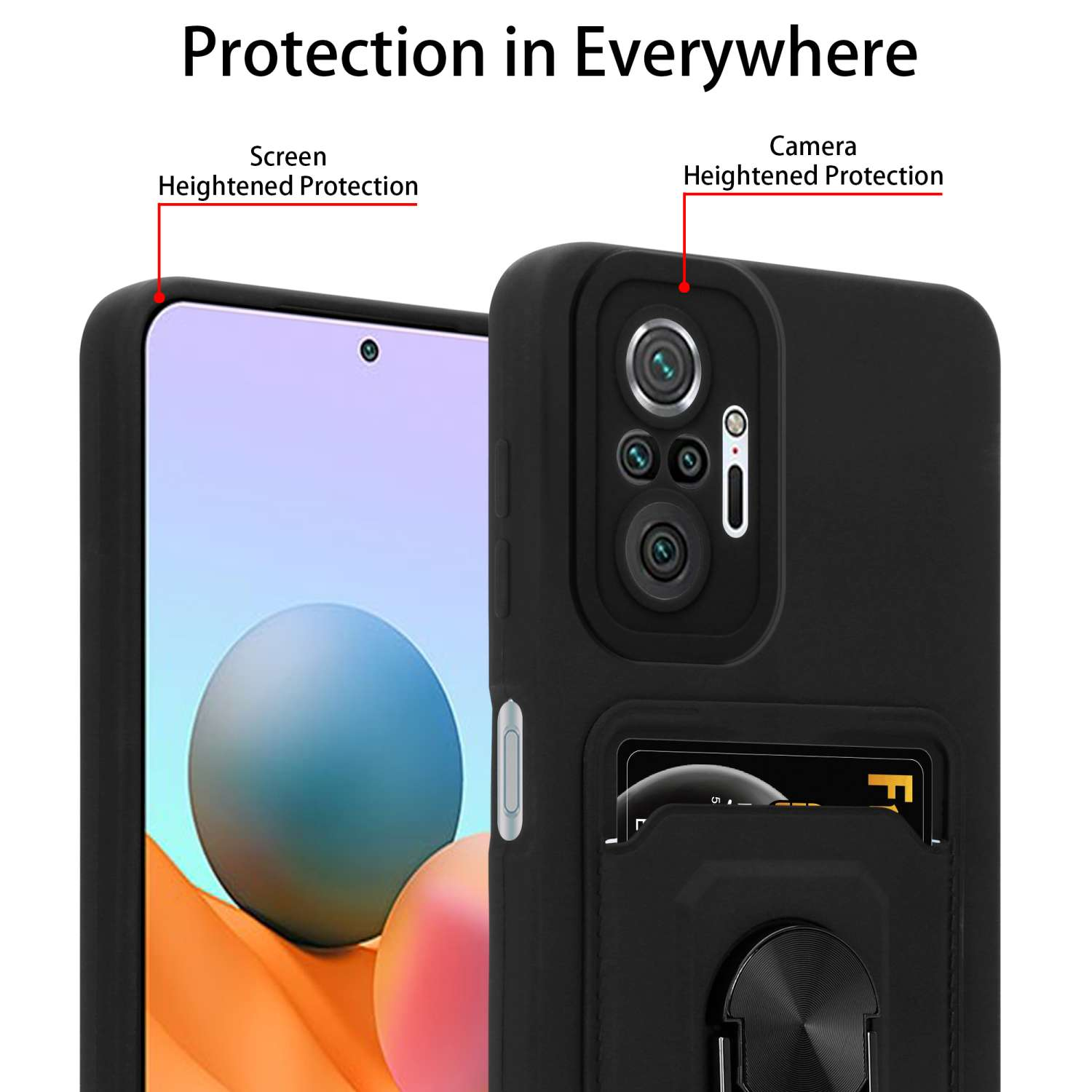Schwarze Handyhülle mit Telefon darin. Zeigt Kameraschutz und einen Kartenhalter.