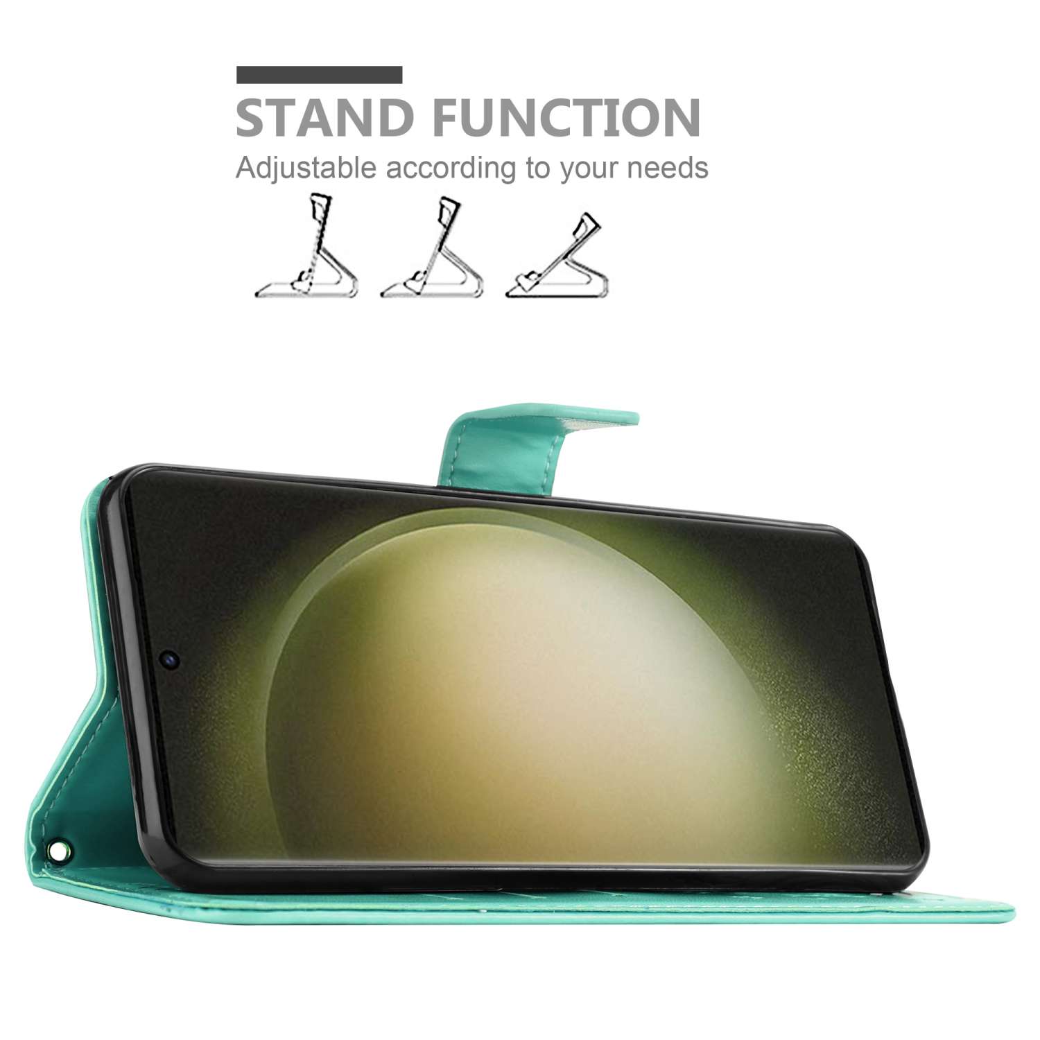 Un telefono in una custodia verde acqua è aperto, mostrando lo schermo. La custodia può stare in piedi.