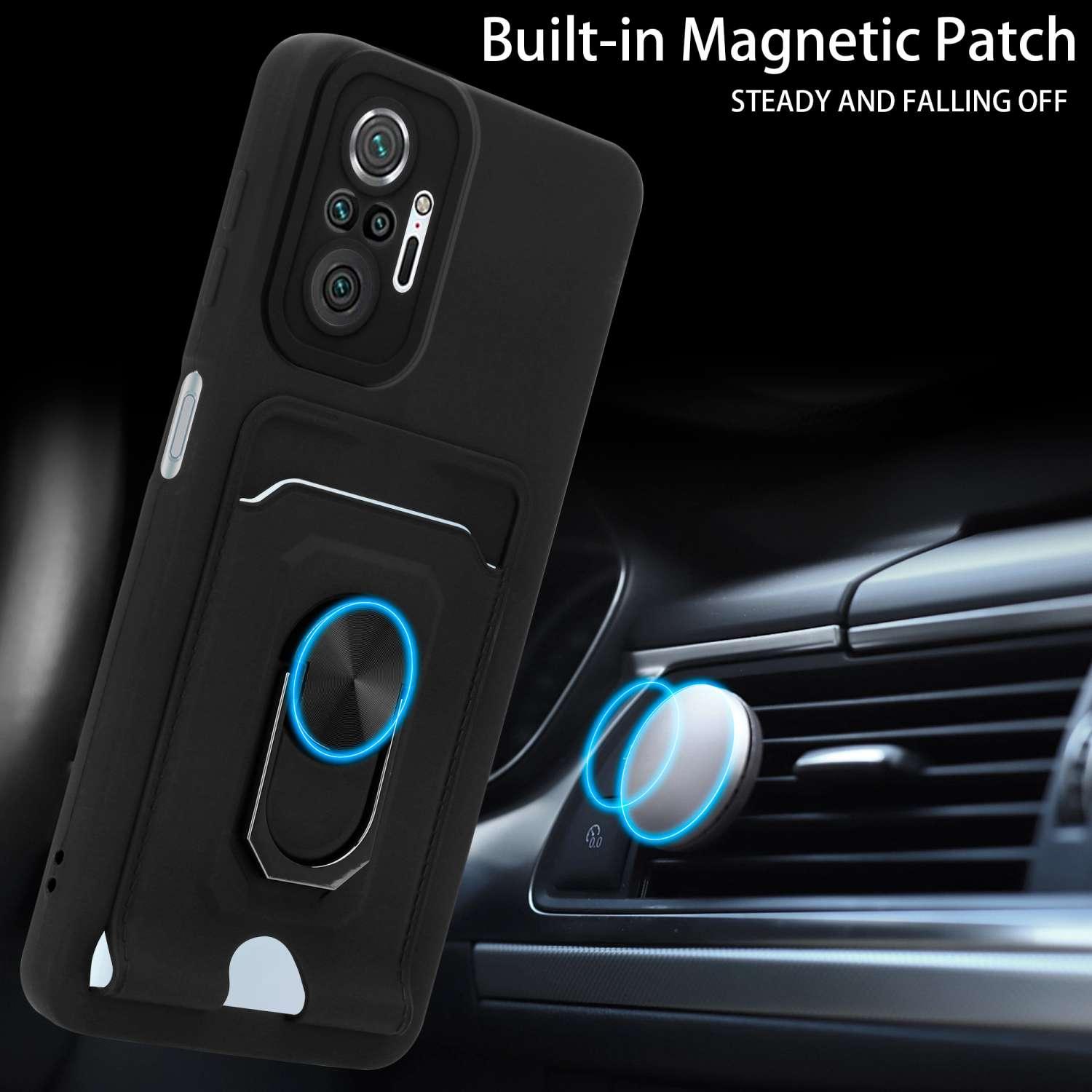 Schwarze Handyhülle mit Ringhalter, im Auto. Magnetischer Patch mit blauem Leuchten, verschwommener Hintergrund.