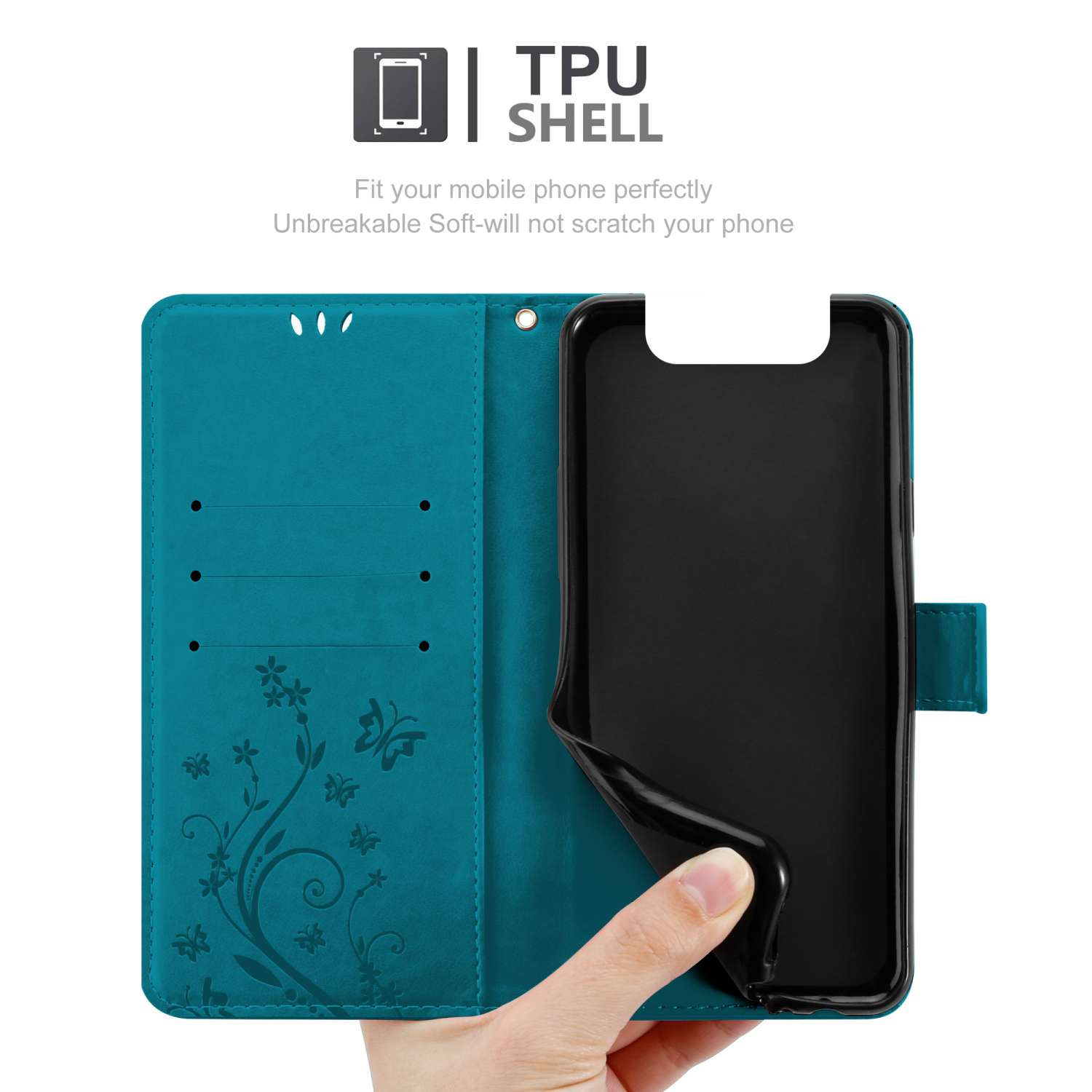 Custodia turchese aperta, telefono all'interno. Mano che tiene la cover del telefono.