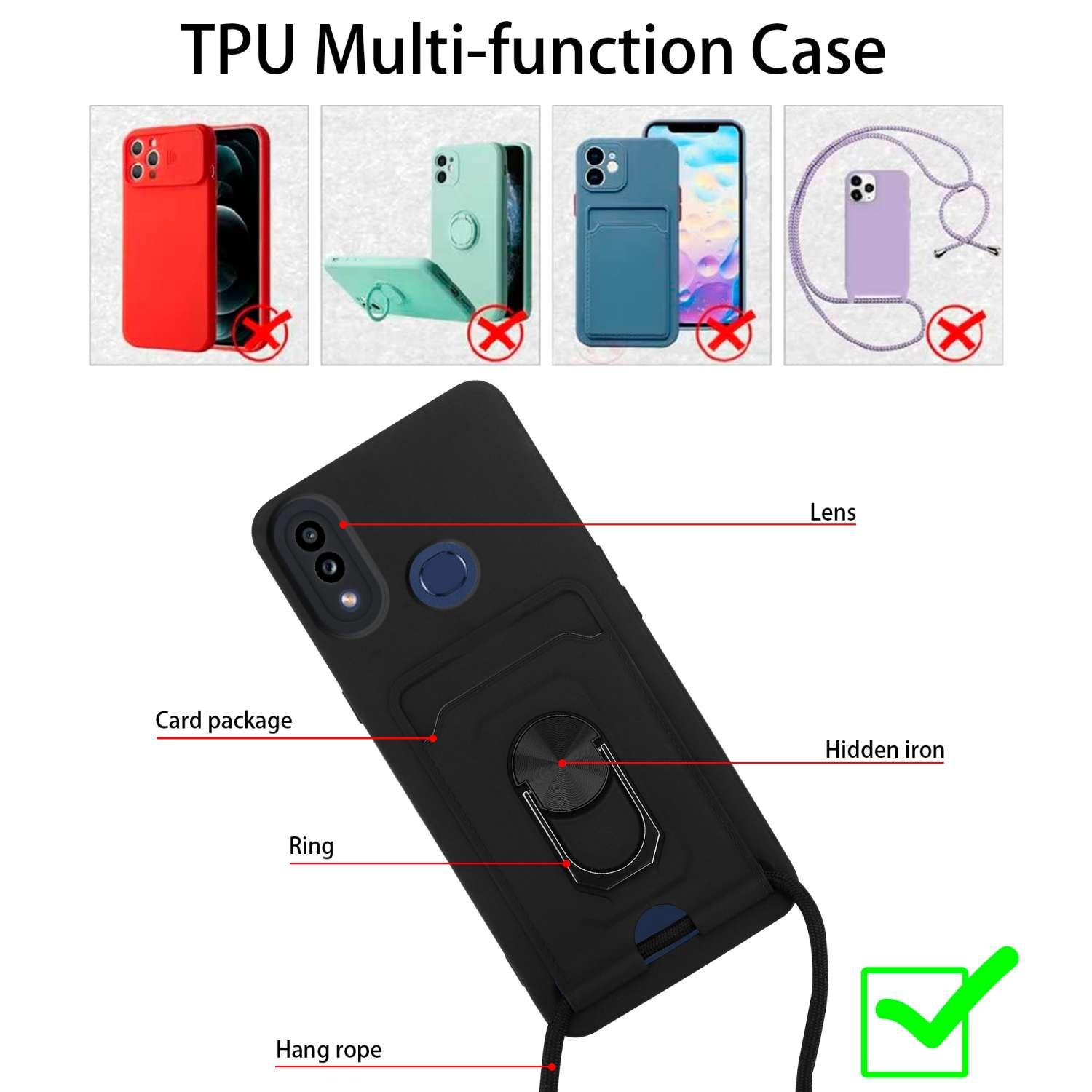 Un étui de téléphone noir avec anneau, porte-cartes et cordon. L'arrière-plan présente des étuis similaires.