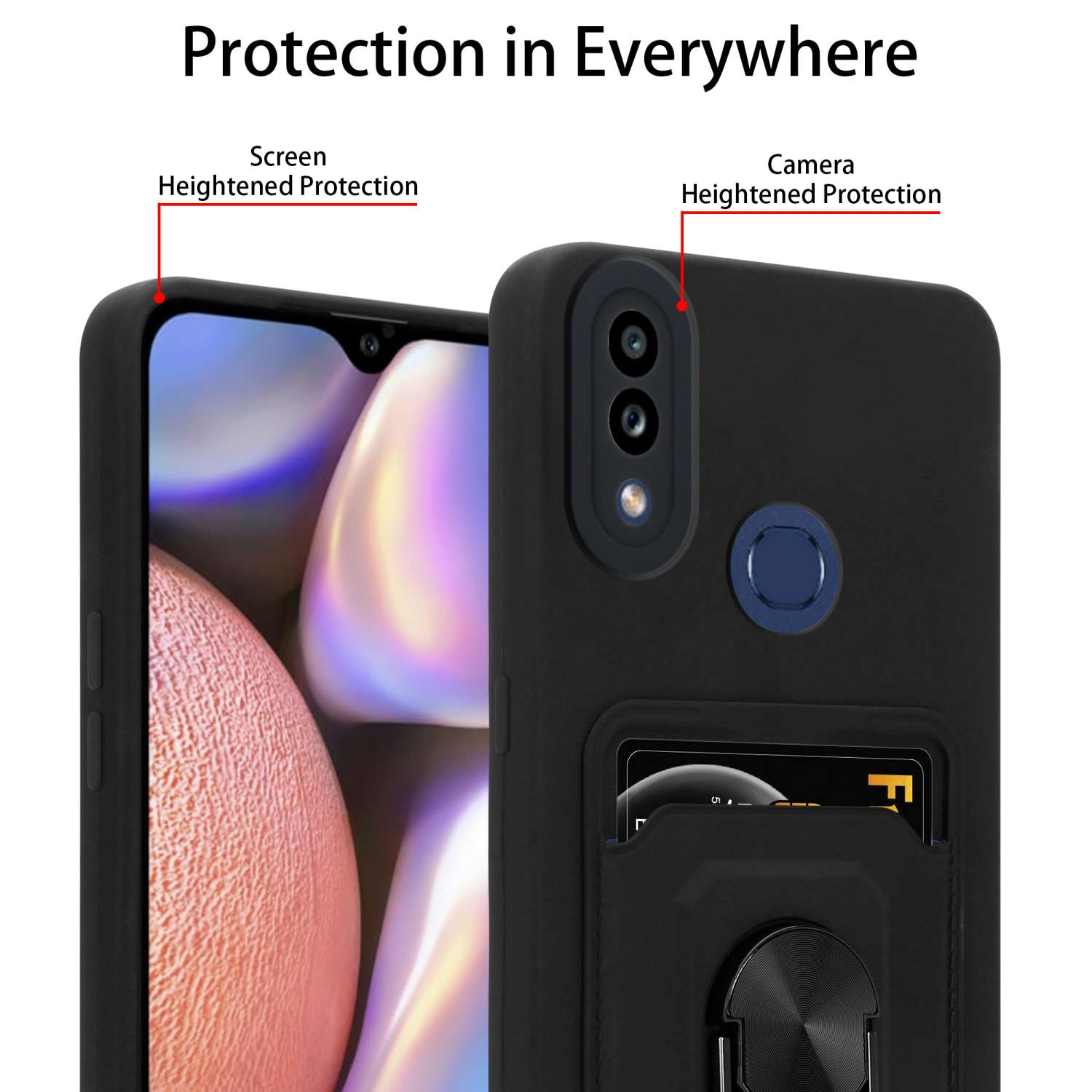 Une coque de téléphone noire avec protection de l'appareil photo et de l'écran. Le texte dit "Protection partout".