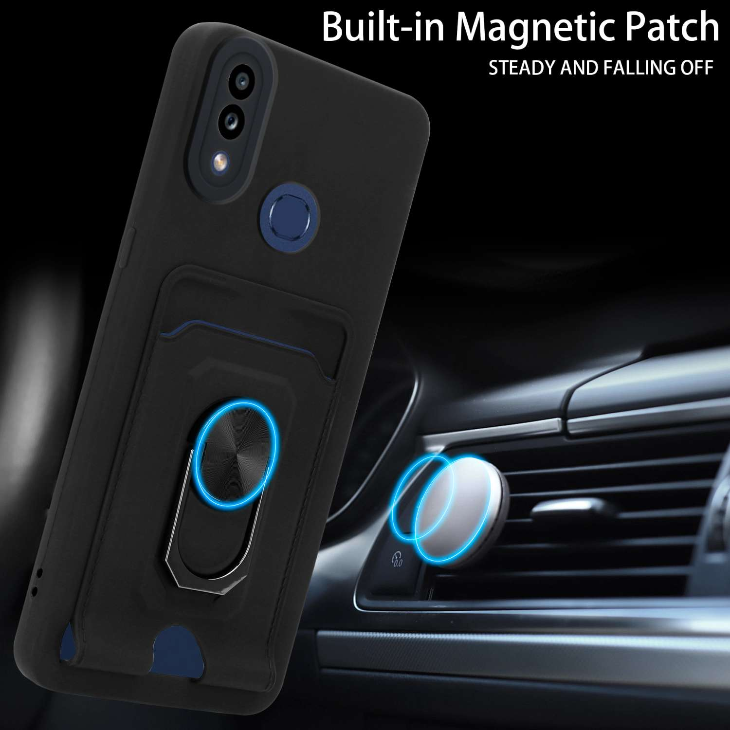 Coque de téléphone noire avec un support de bague et un support magnétique de voiture. Dans une voiture.