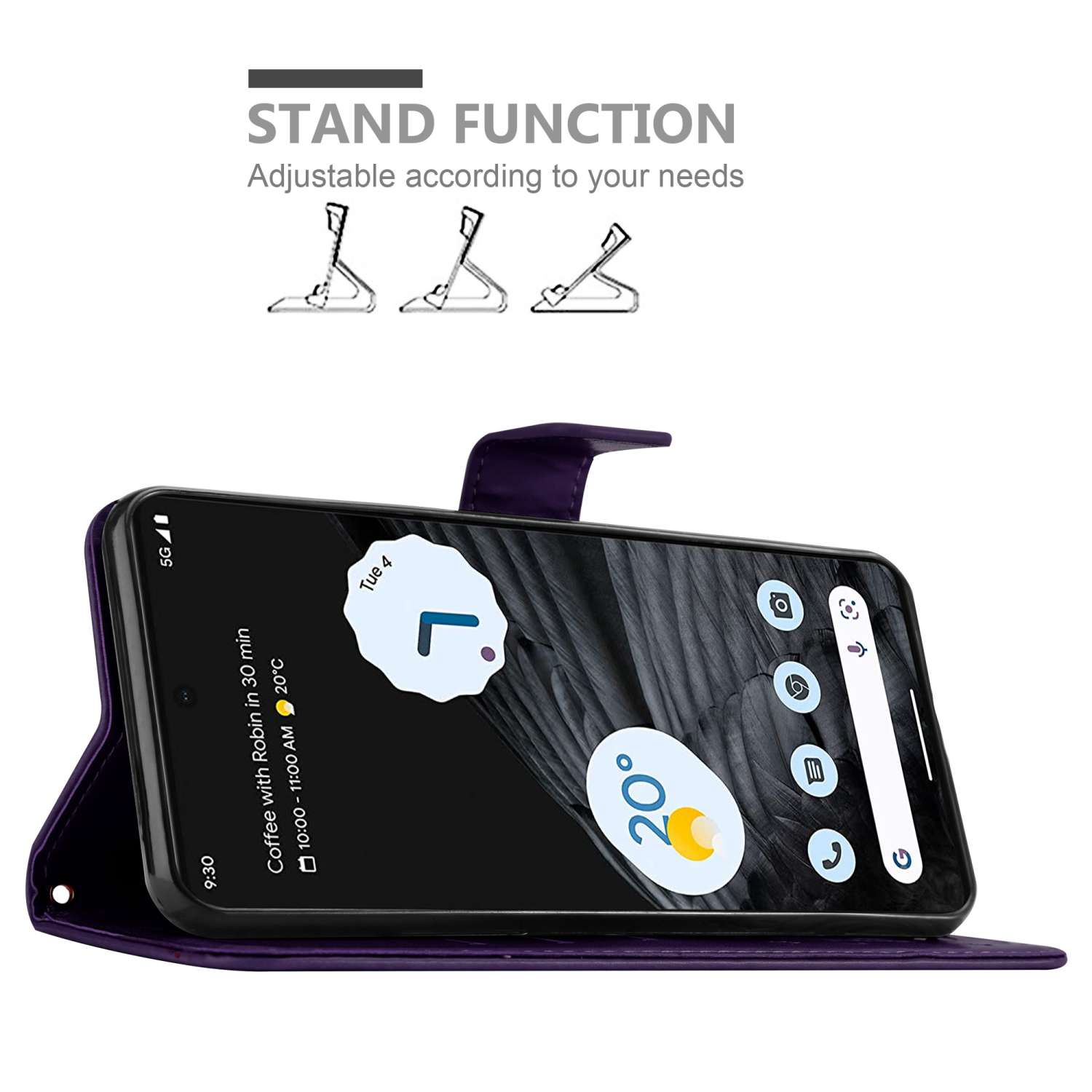 Un telefono in una custodia viola viene utilizzato come supporto. Lo schermo mostra un calendario con un'icona di 20 gradi.