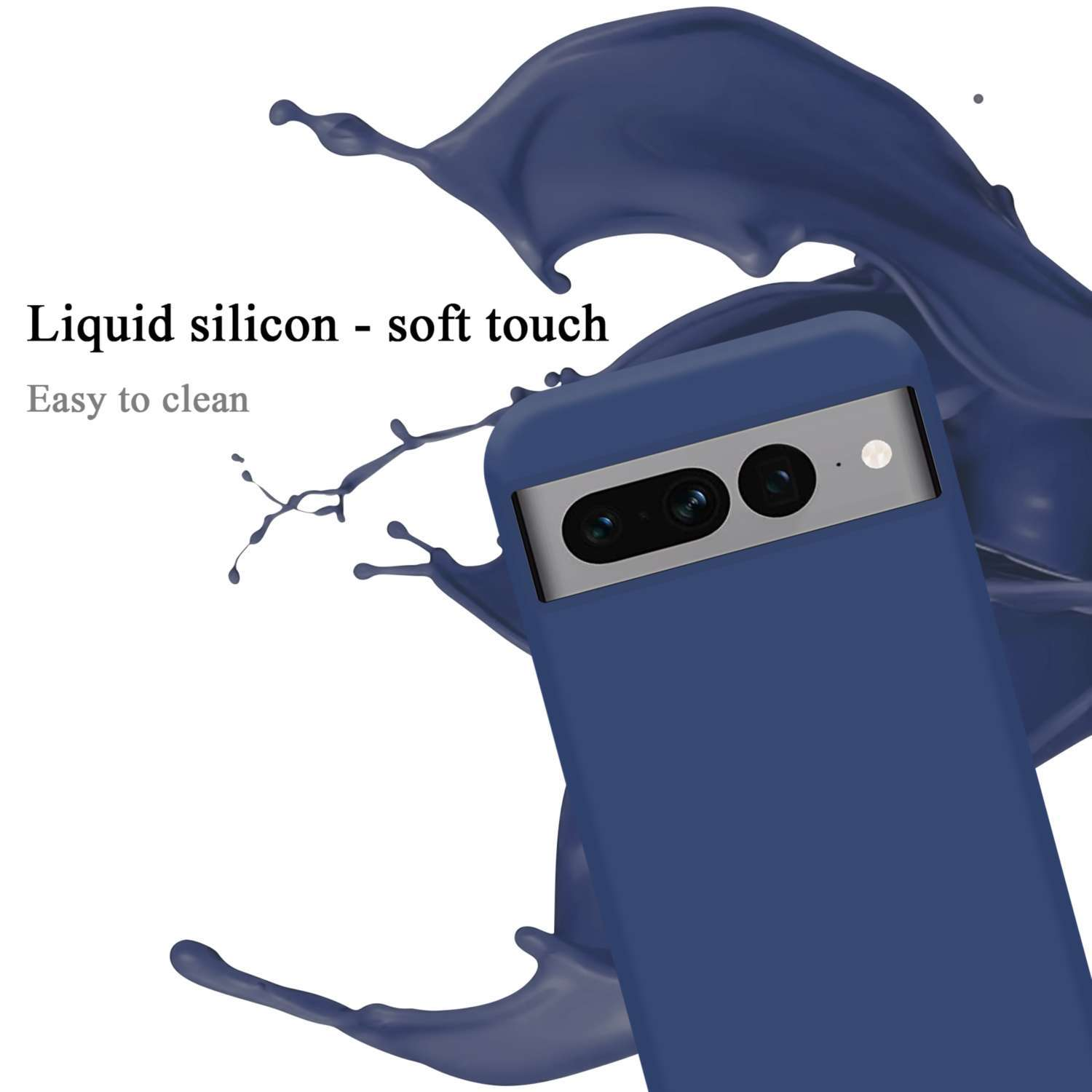 Custodia blu per telefono con silicone liquido e telefono con fotocamera, con schizzo blu.