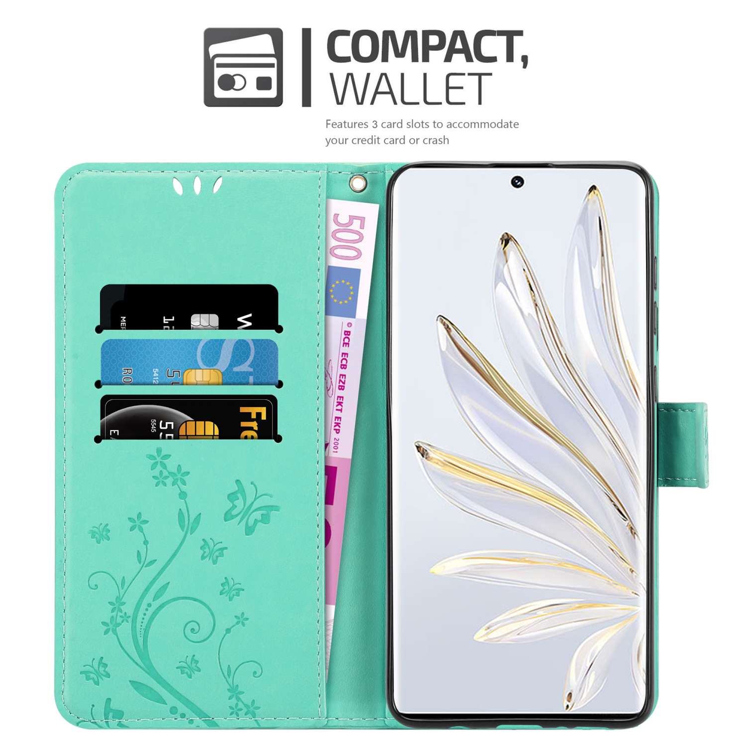 Una custodia per telefono verde acqua con scomparti per carte e una vista dello schermo. È un design a portafoglio.