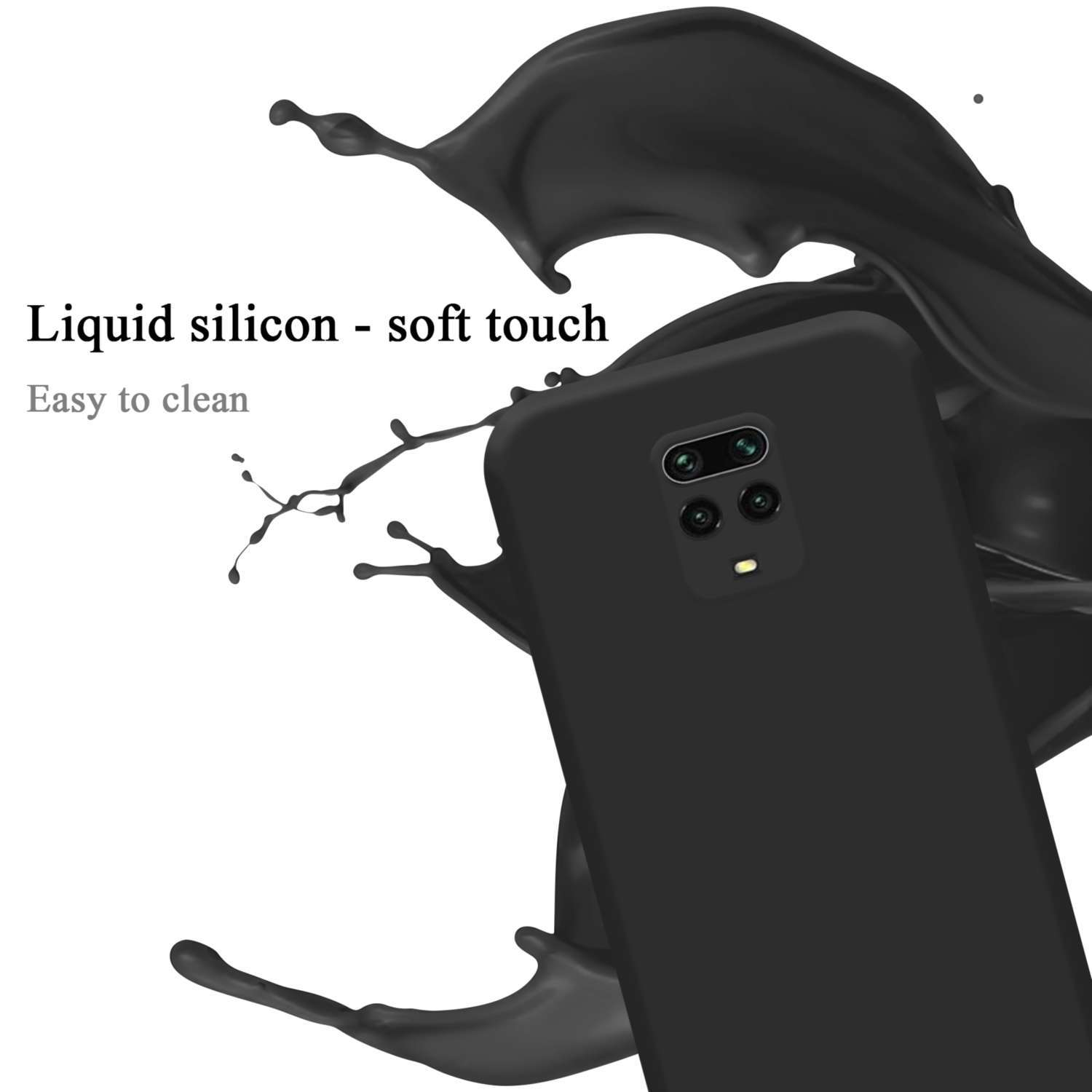 Una custodia per telefono nera con schizzi di vernice nera. Il testo recita "Silicone liquido - soft touch" e "Facile da pulire".