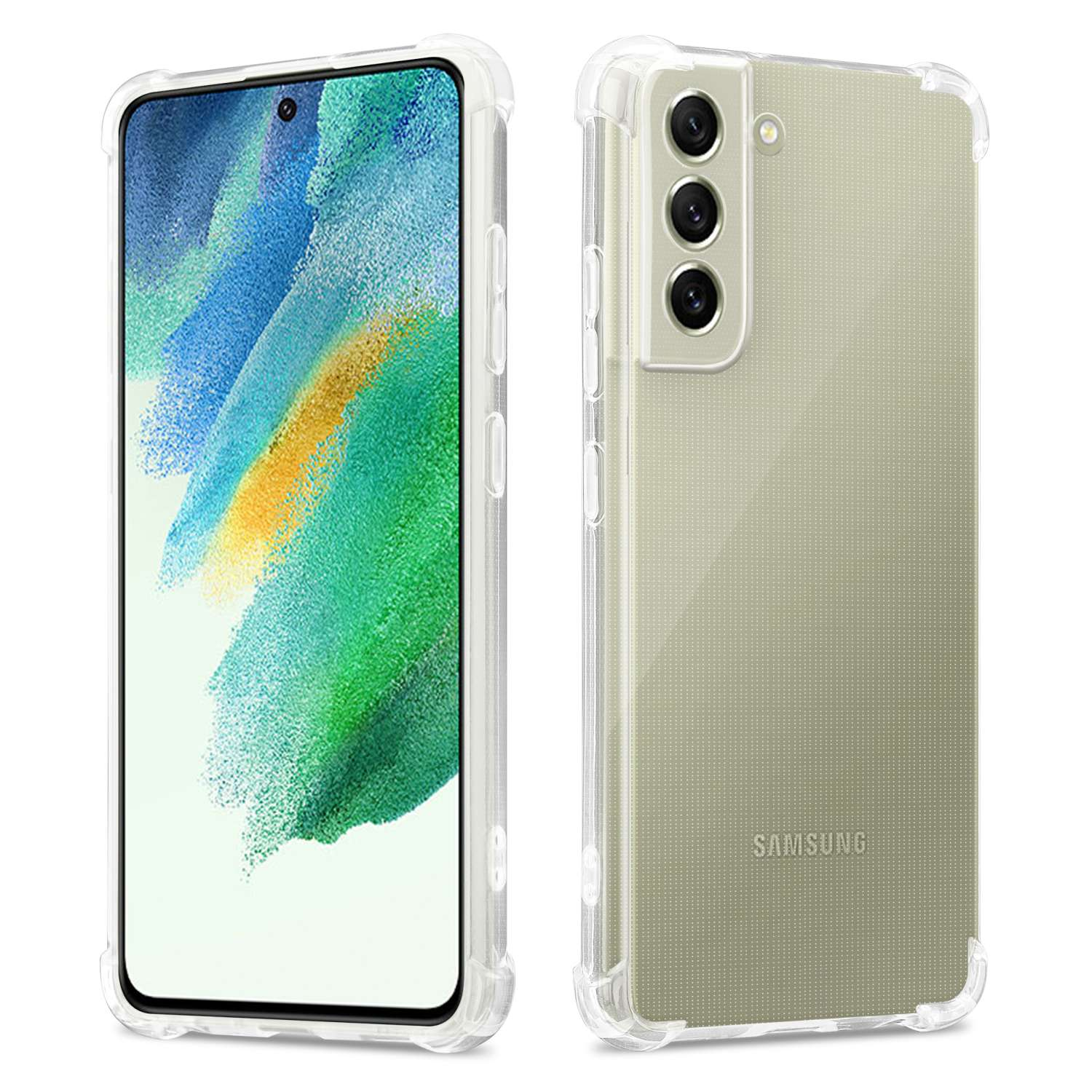 Custodia trasparente. Mostra il telefono davanti e dietro con la fotocamera. Trasparente con logo Samsung.