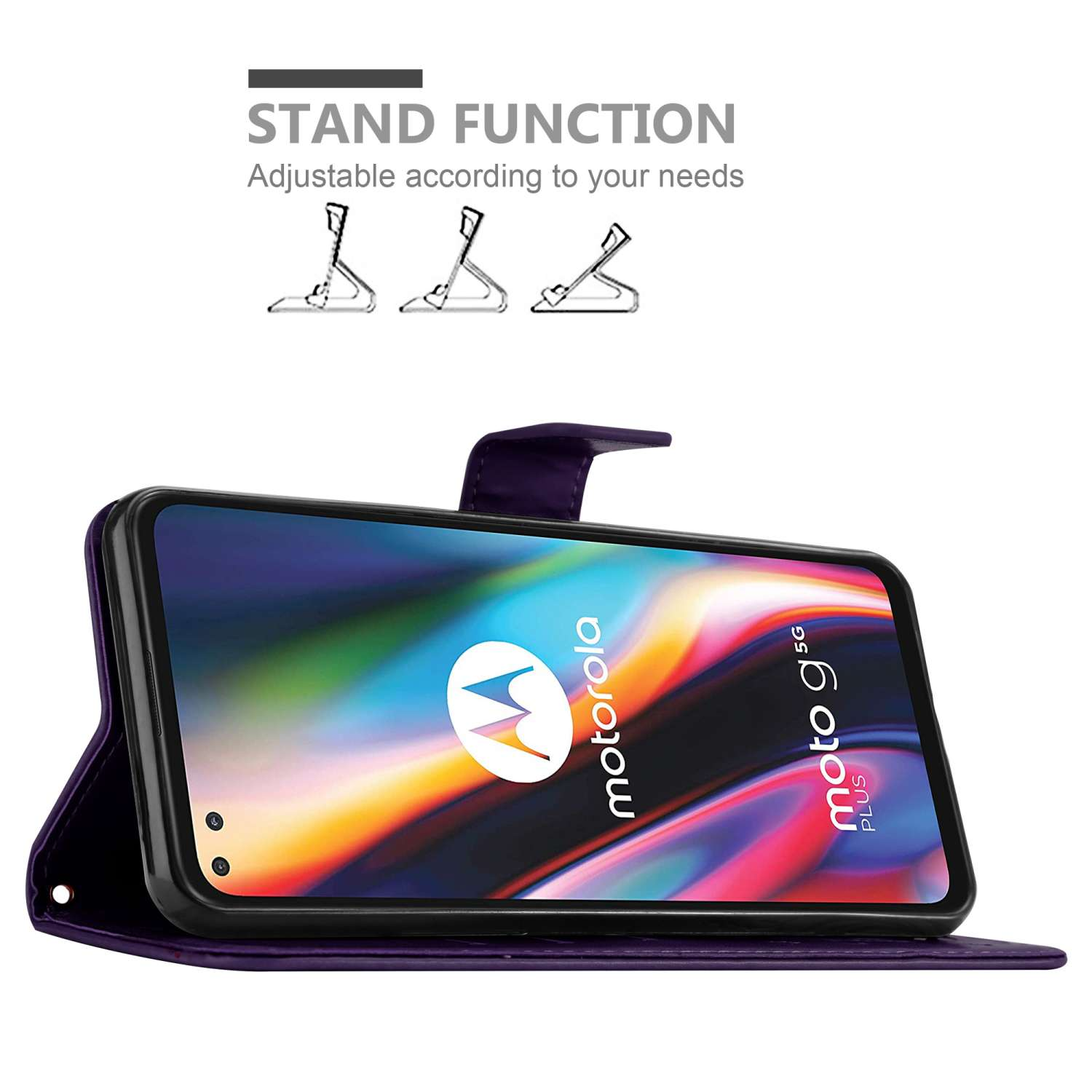 Custodia viola per telefono con telefono all'interno. Funzione stand pubblicizzata.