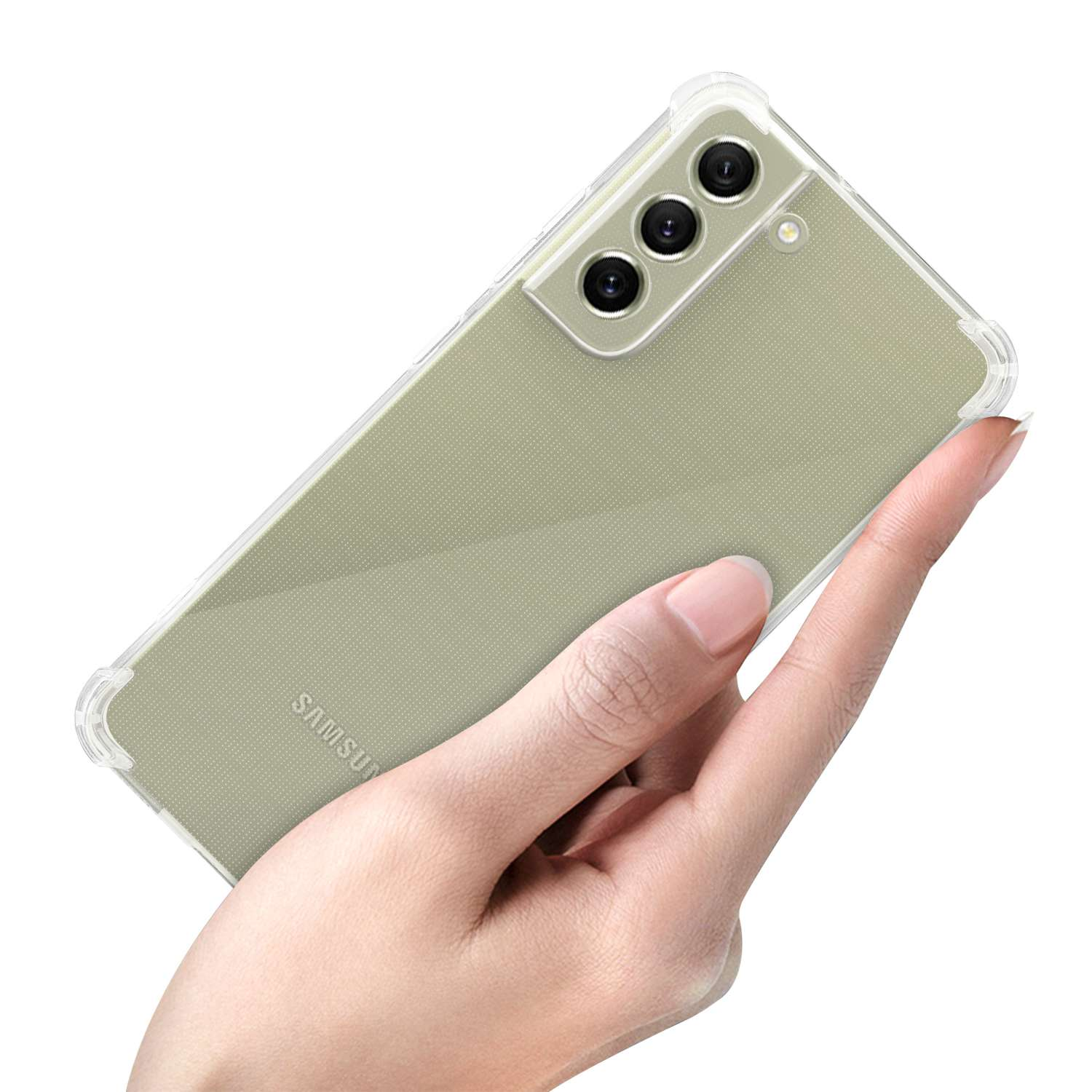 Una mano che tiene una custodia trasparente con un telefono verde all'interno.