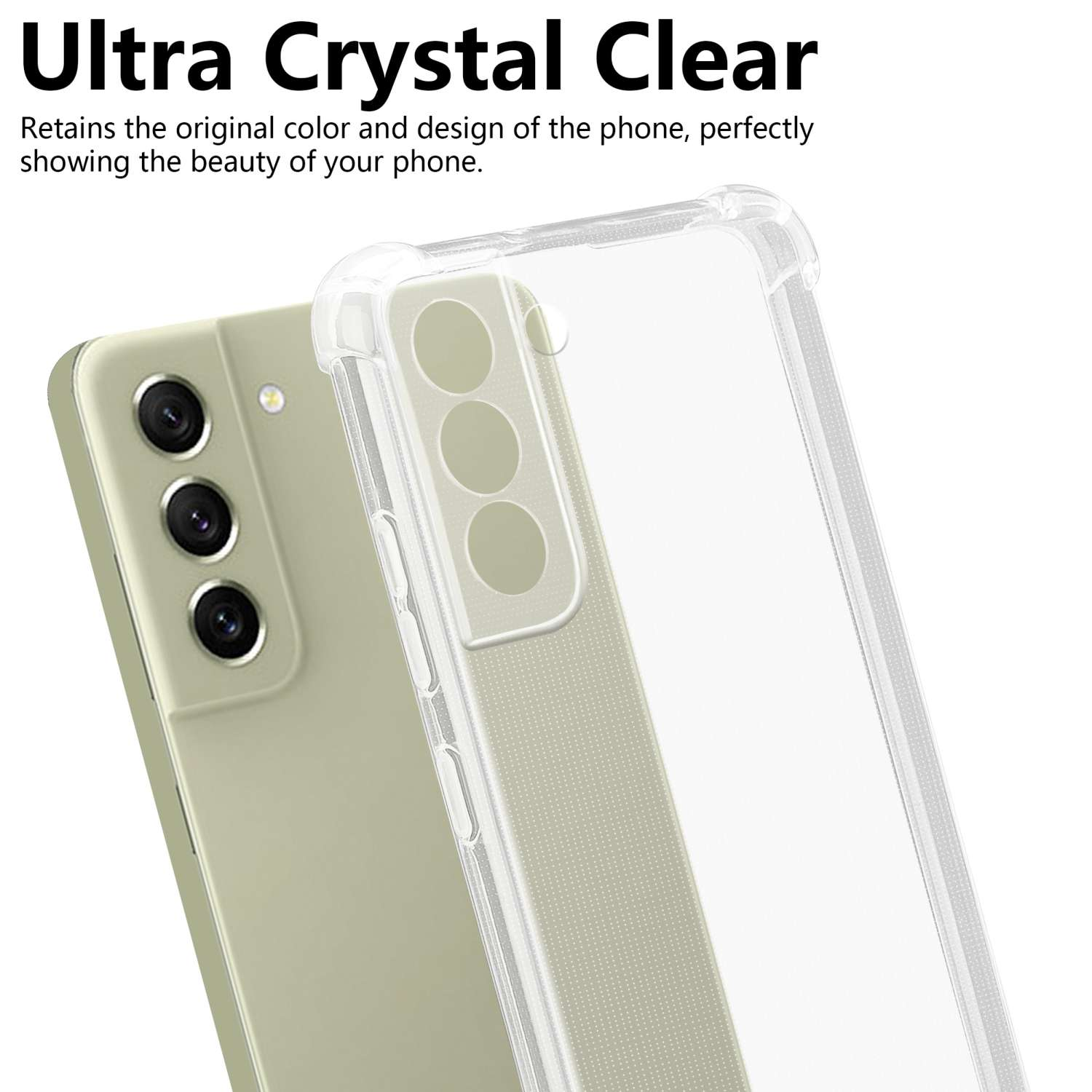 Custodia trasparente per telefono che mostra un telefono, testo 'Ultra Crystal Clear' e descrizione.