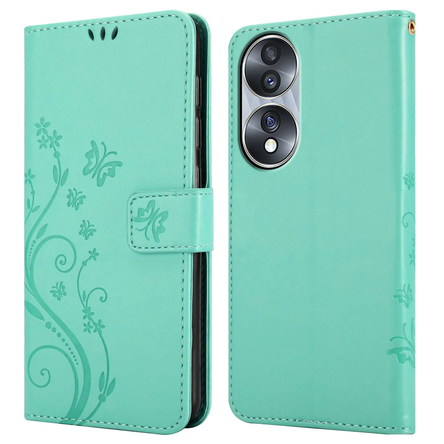 Custodia teal aperta, che mostra un telefono e un design floreale.