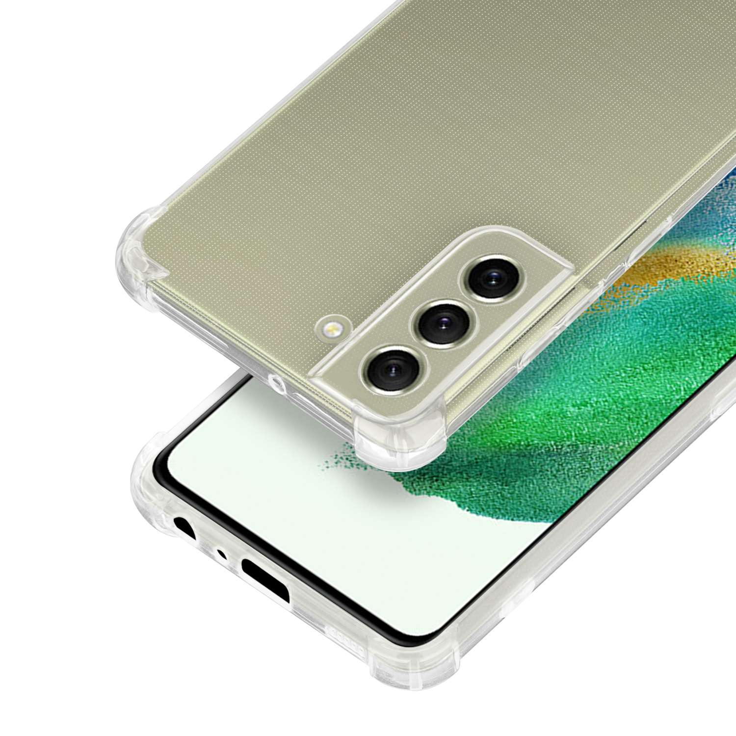 Custodia trasparente per telefono su un telefono. La custodia è trasparente con una cornice trasparente. Il telefono ha tre fotocamere.
