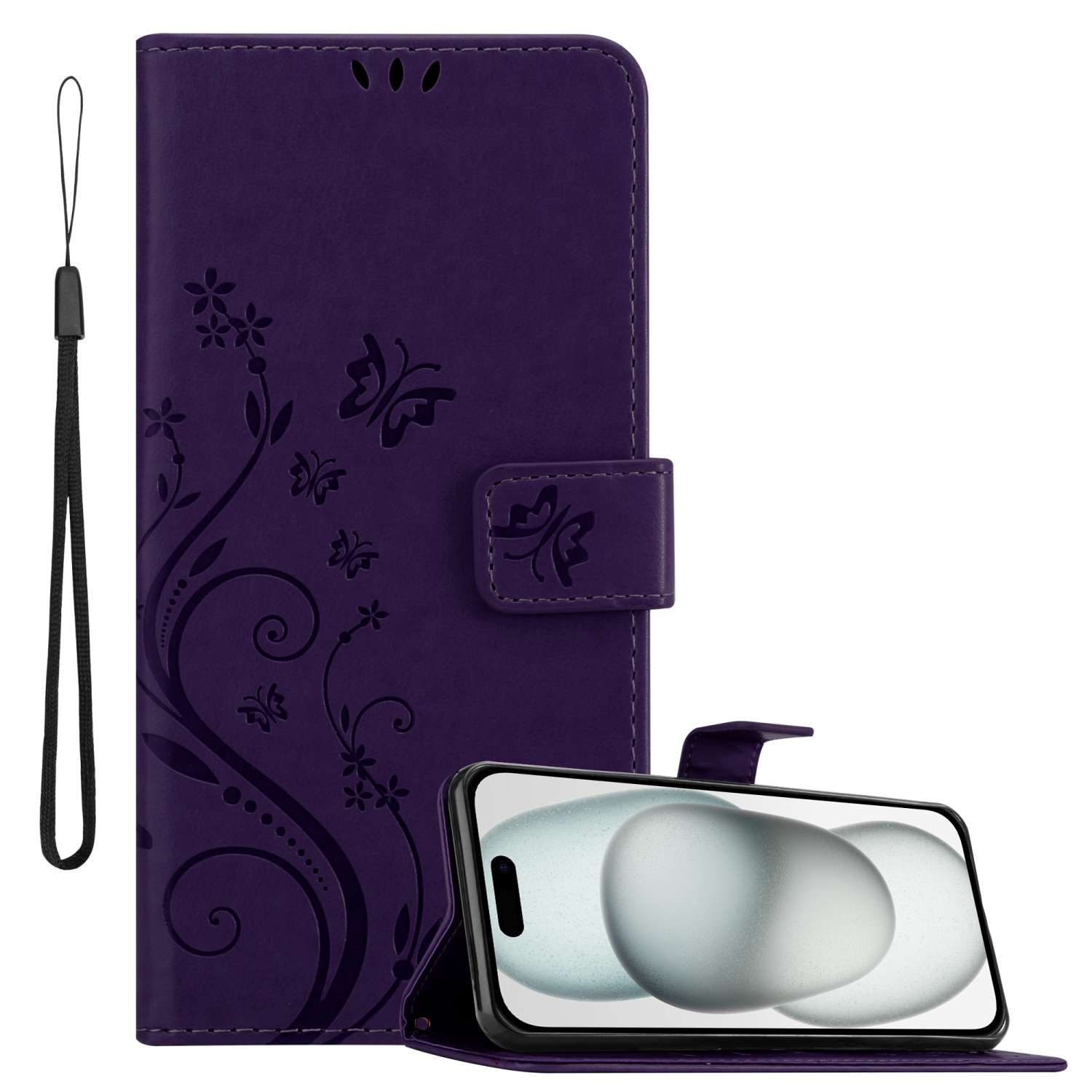 Cadorabo Custodia Libro compatibile con Huawei P SMART 2020 in LILLA SCURO FIORE - in Design di Fiore con Chiusura Magnetica, Funzione Stand e 3 Vani di Carte - Cover Case Wallet
