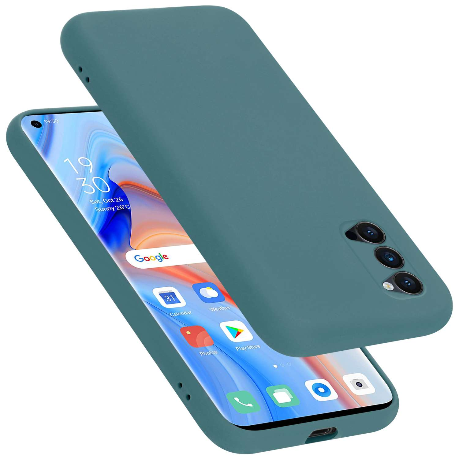 Eine tealfarbene Handyhülle mit einem Telefon darin. Das Telefon zeigt Datum und Uhrzeit an.