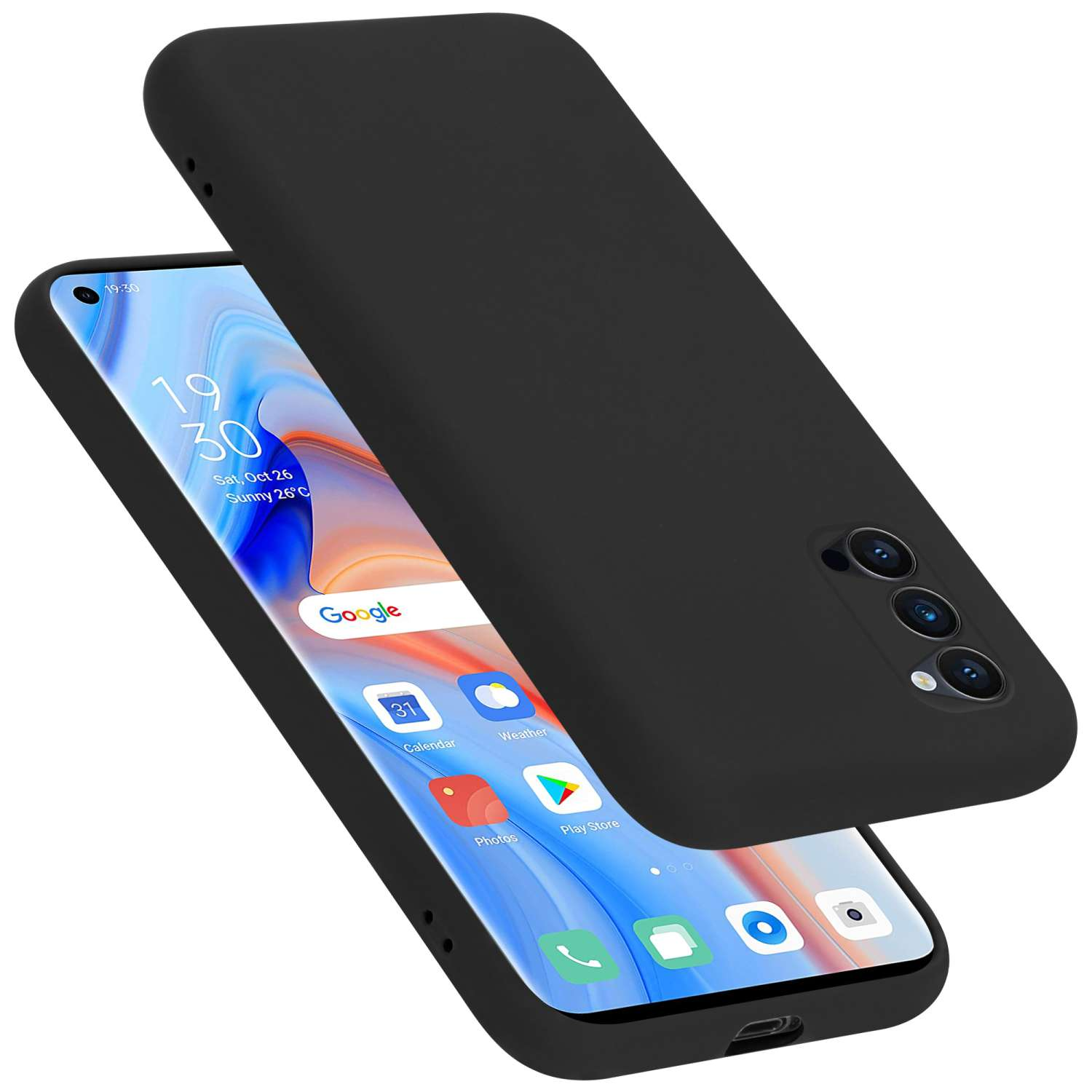 Schwarzes Telefon mit schwarzer Hülle darüber. Das Telefon zeigt die Google-App-Symbole auf dem Bildschirm.