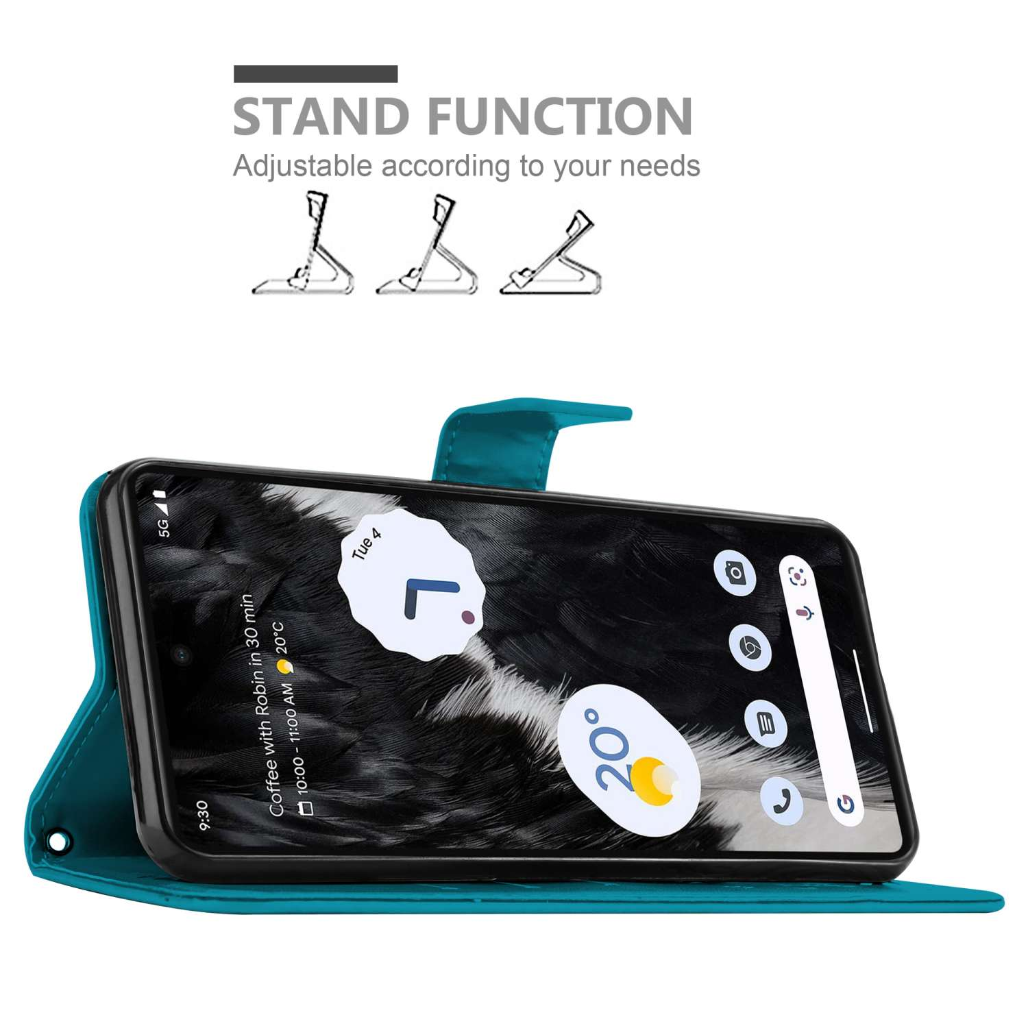 Una custodia per telefono verde acqua con un telefono che mostra un'app meteo. Testo e illustrazioni della funzione stand.