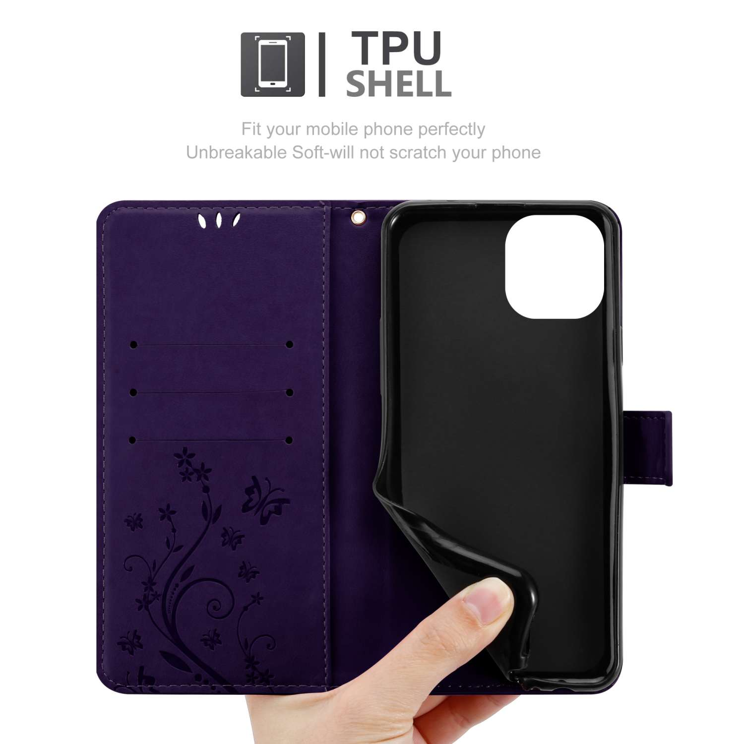 Custodia per telefono viola in posizione aperta. Il telefono è nella custodia nera. Design con fiori e farfalle.