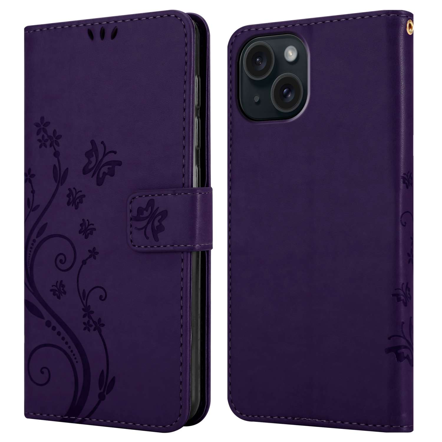 Una custodia per telefono viola con un design floreale, aperta per rivelare un telefono.