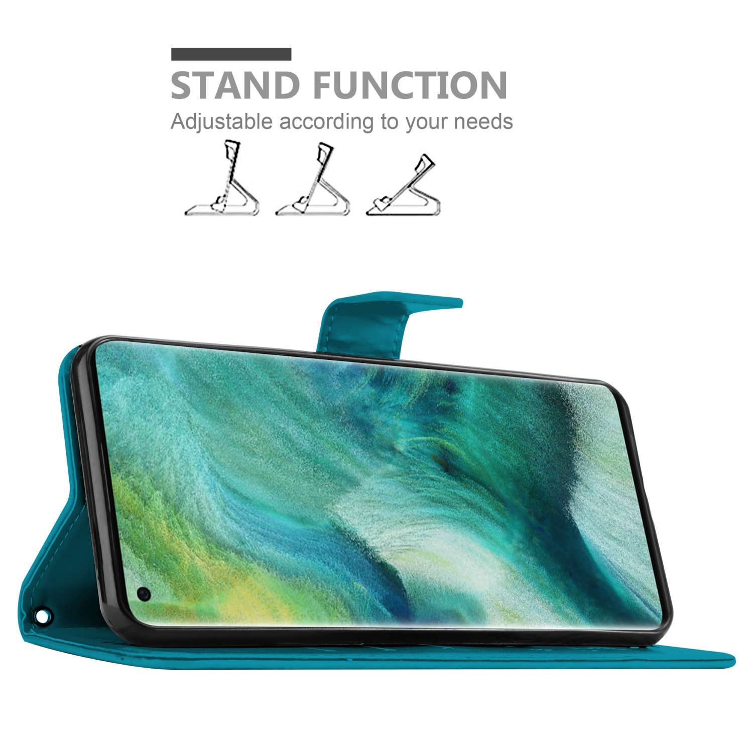 Custodia per telefono color teal con telefono, che mostra una funzione di supporto, su sfondo bianco.