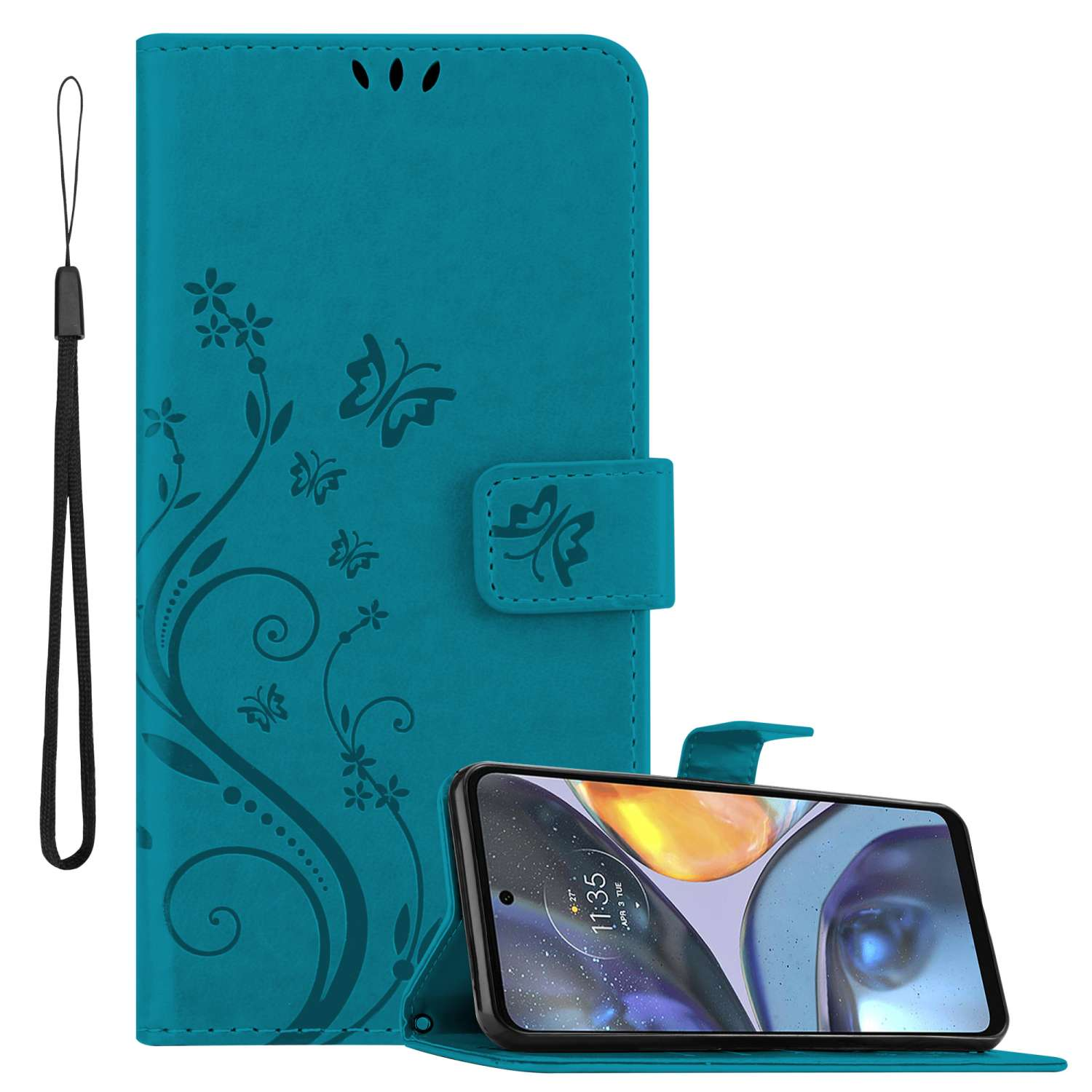 Funda de teléfono color turquesa con teléfono dentro. Funda con diseño de mariposa y correa. Pantalla visible.