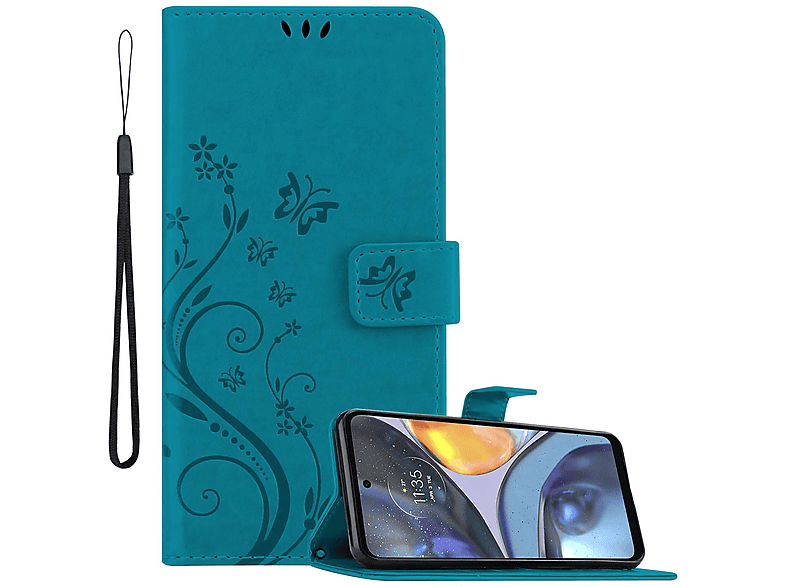 CADORABO Hülle Blumen Muster Flower Case, Bookcover, Motorola, MOTO G22, FLORAL BLAU