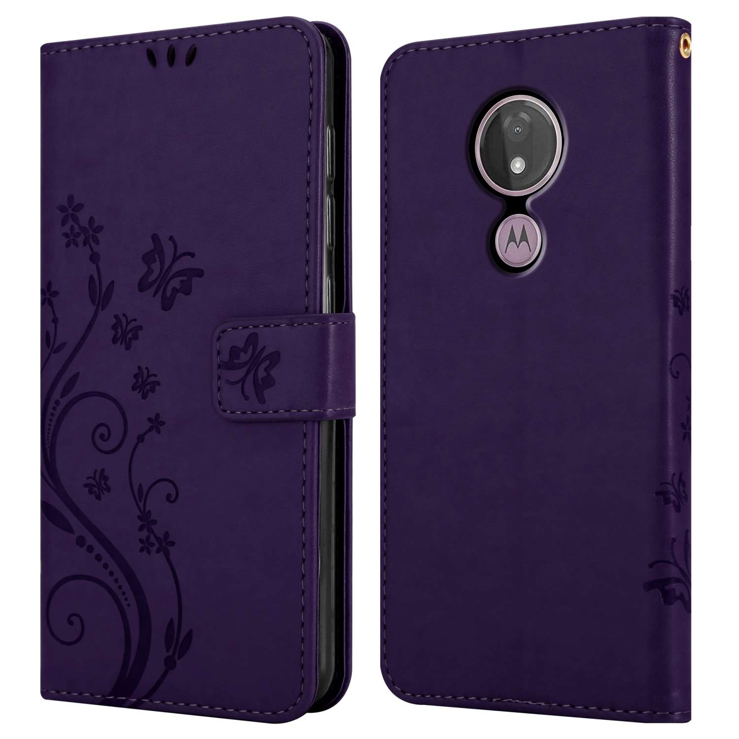 Custodia viola per telefono con design floreale, farfalle e chiusura.