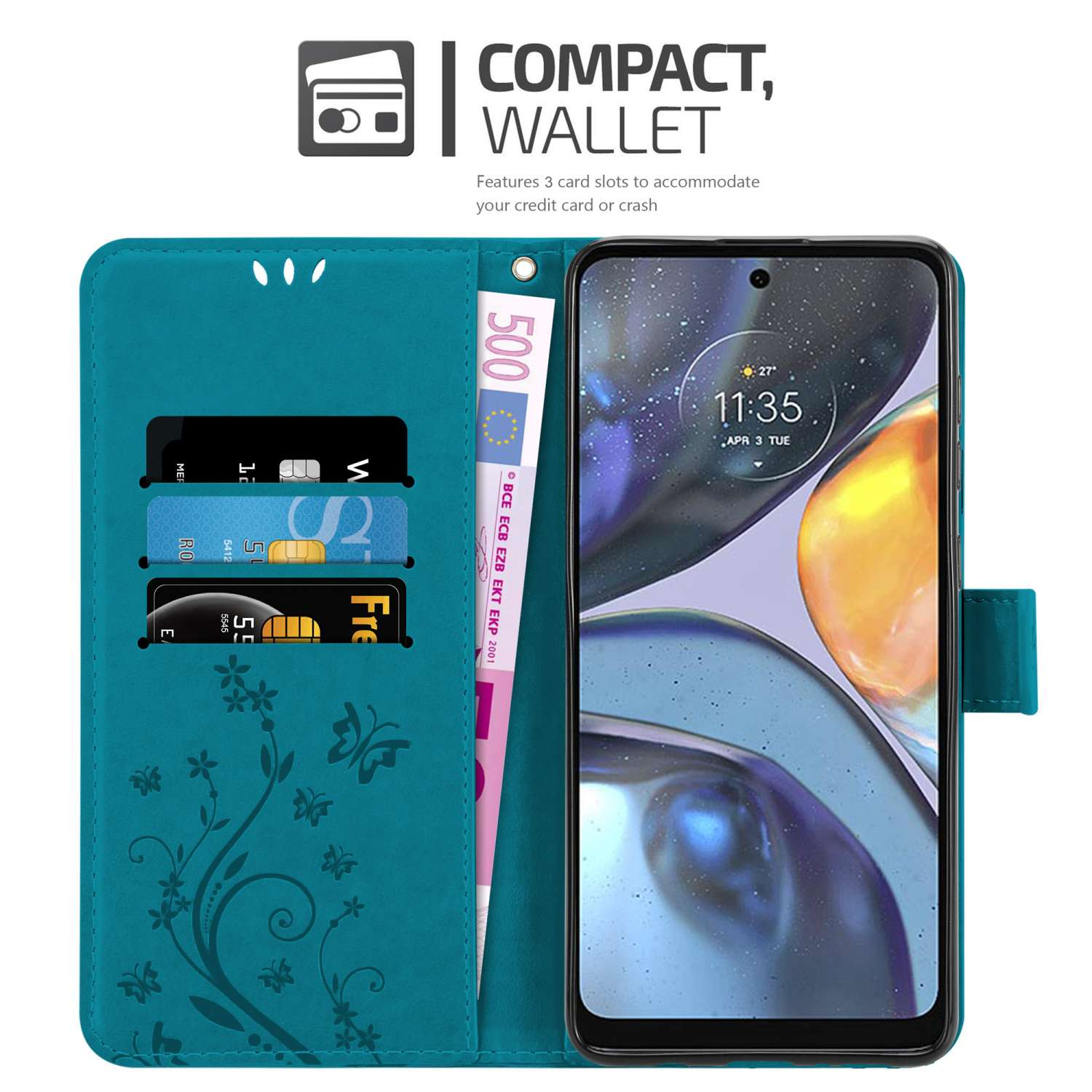 Funda tipo cartera turquesa abierta con tarjetas, dinero y un teléfono. El teléfono muestra una interfaz.