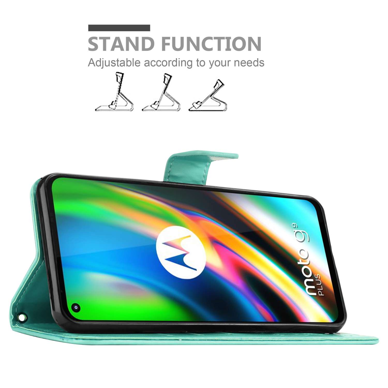 Un teléfono en una funda verde azulado, abierto. El texto dice 'FUNCIÓN DE SOPORTE' con tres ilustraciones de soporte.
