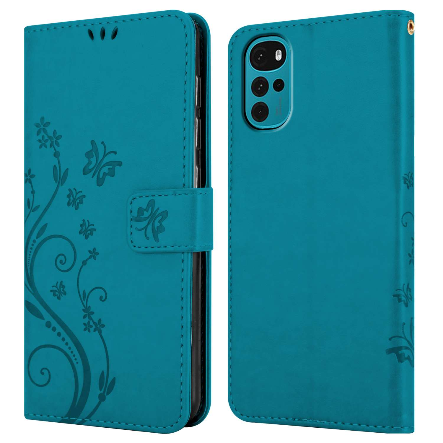 Funda de teléfono turquesa, cerrada y abierta. Tiene diseño floral al frente.