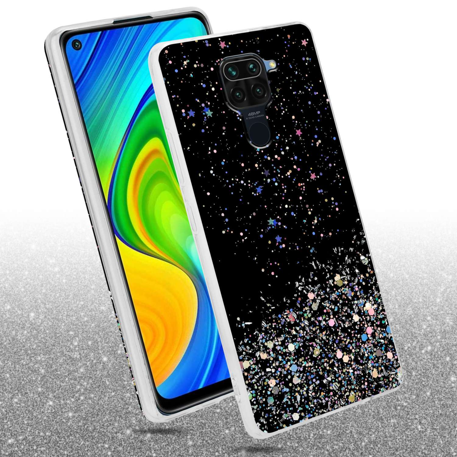 Una custodia per telefono con un design glitterato sul retro e un telefono all'interno. Lo sfondo è glitterato.