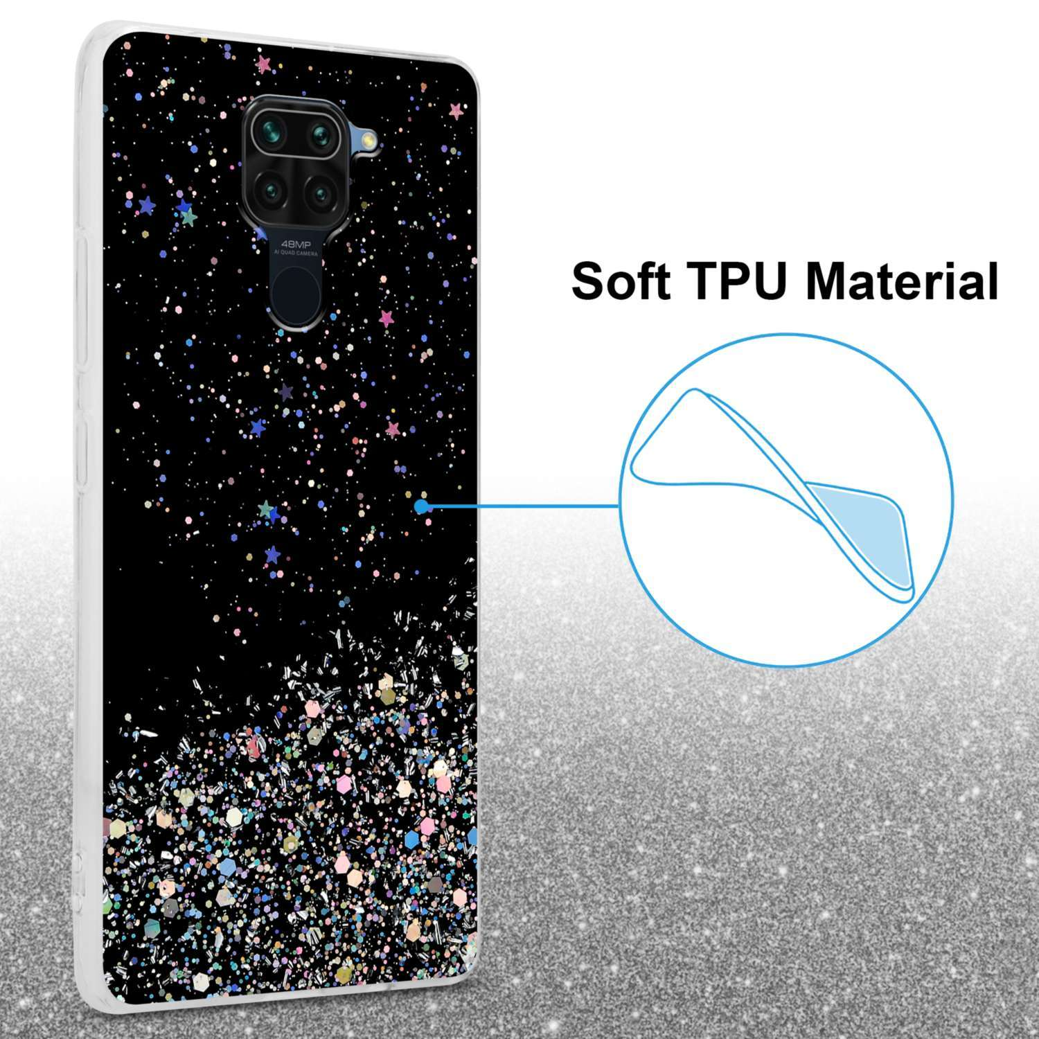 Custodia nera con design glitterato e telefono con tripla fotocamera.