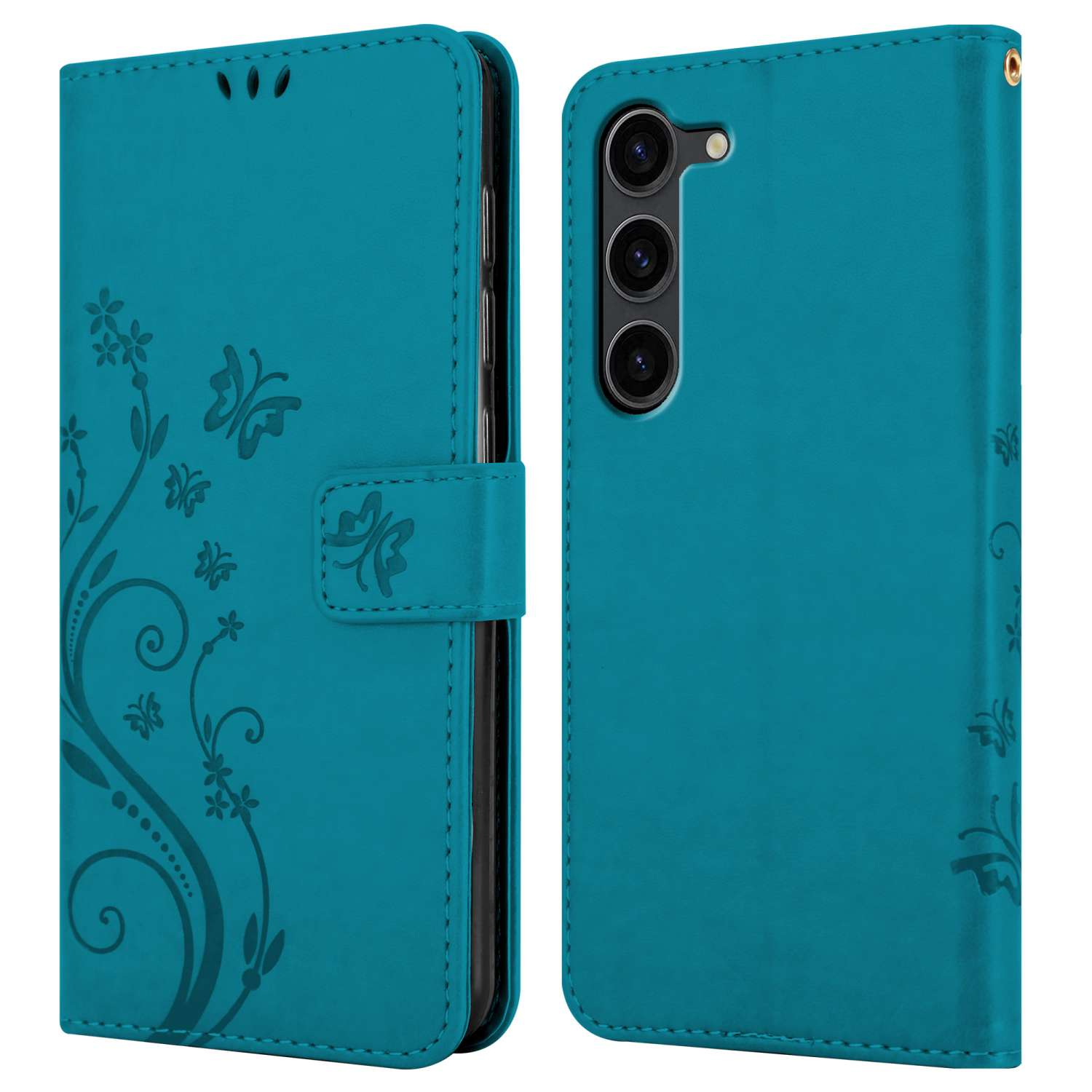 Custodia per telefono turchese, chiusa e aperta, che mostra il motivo floreale. La custodia aperta mostra la fotocamera.