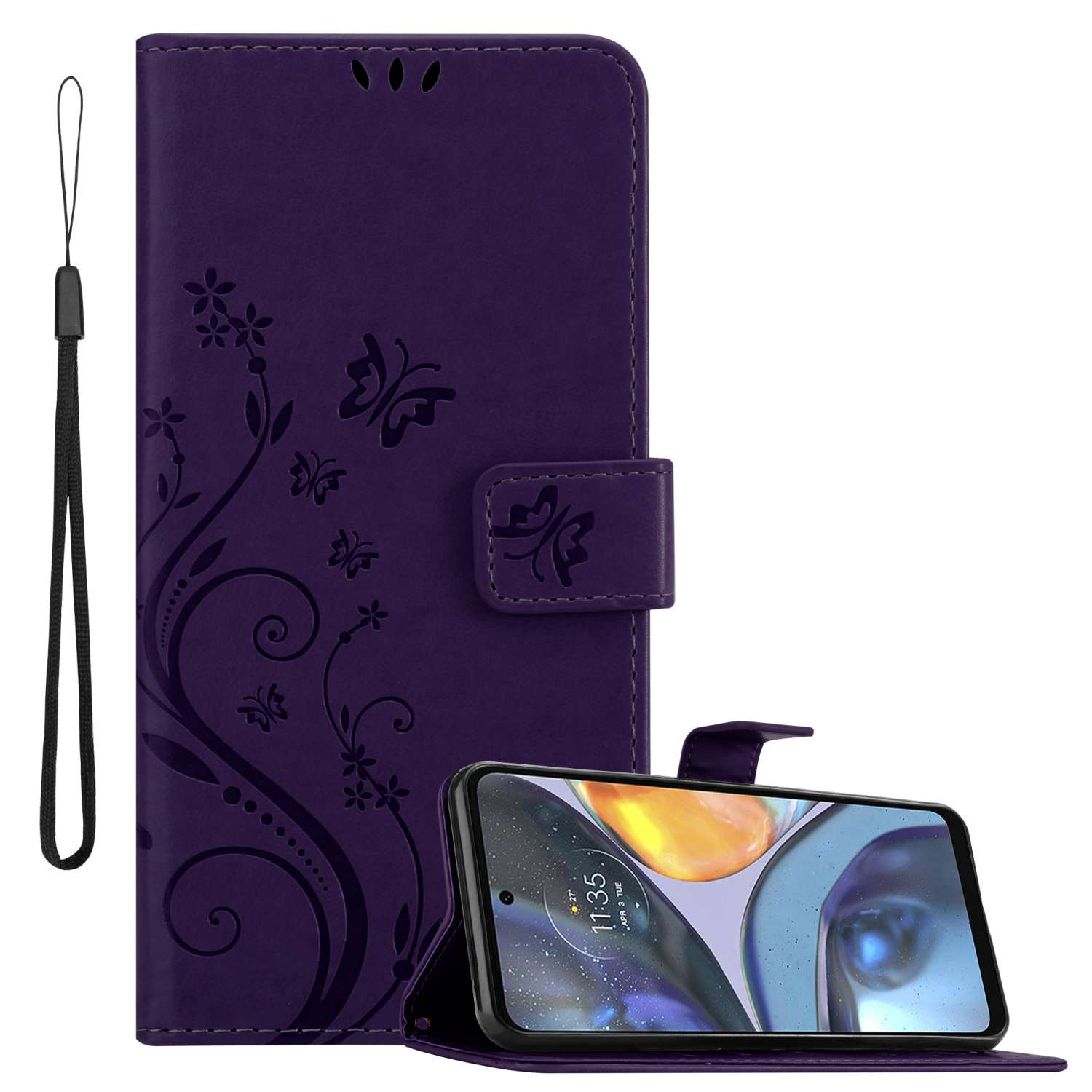Una funda de teléfono púrpura abierta con un teléfono dentro. Tiene un diseño floral.