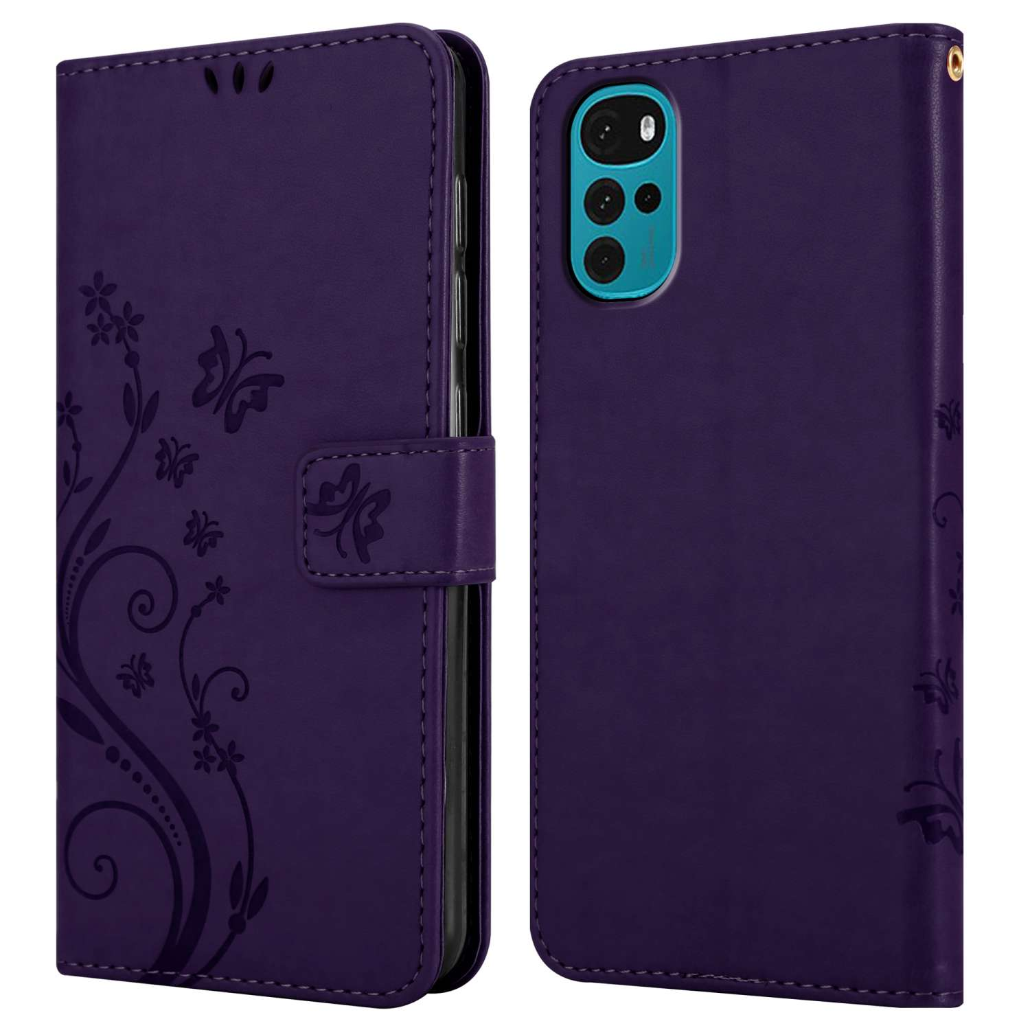 Una funda de teléfono púrpura, cerrada y abierta, mostrando la funda. Tiene un diseño floral.