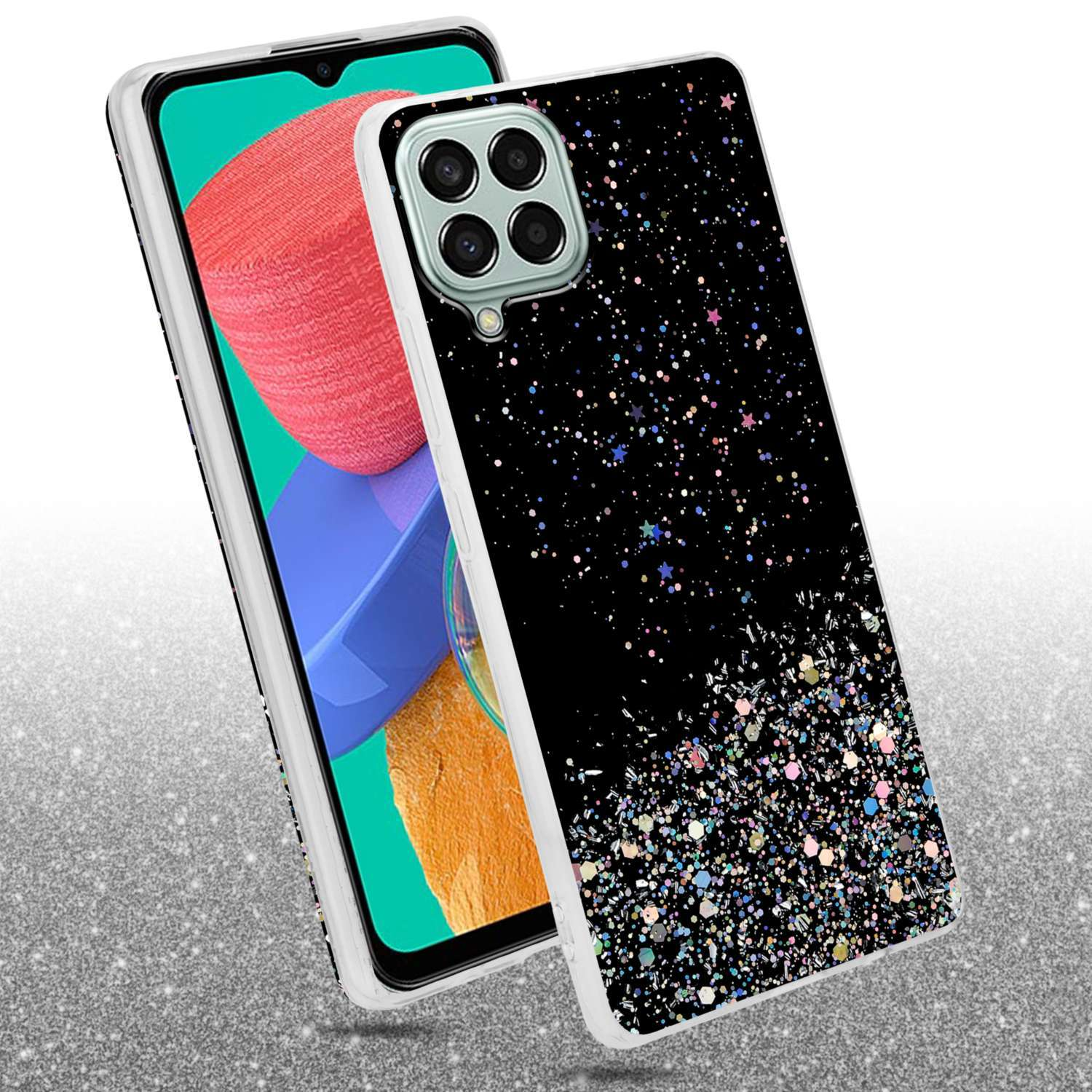 Custodia per telefono con design glitterato. Il telefono è accanto alla custodia, mostrando il suo schermo.