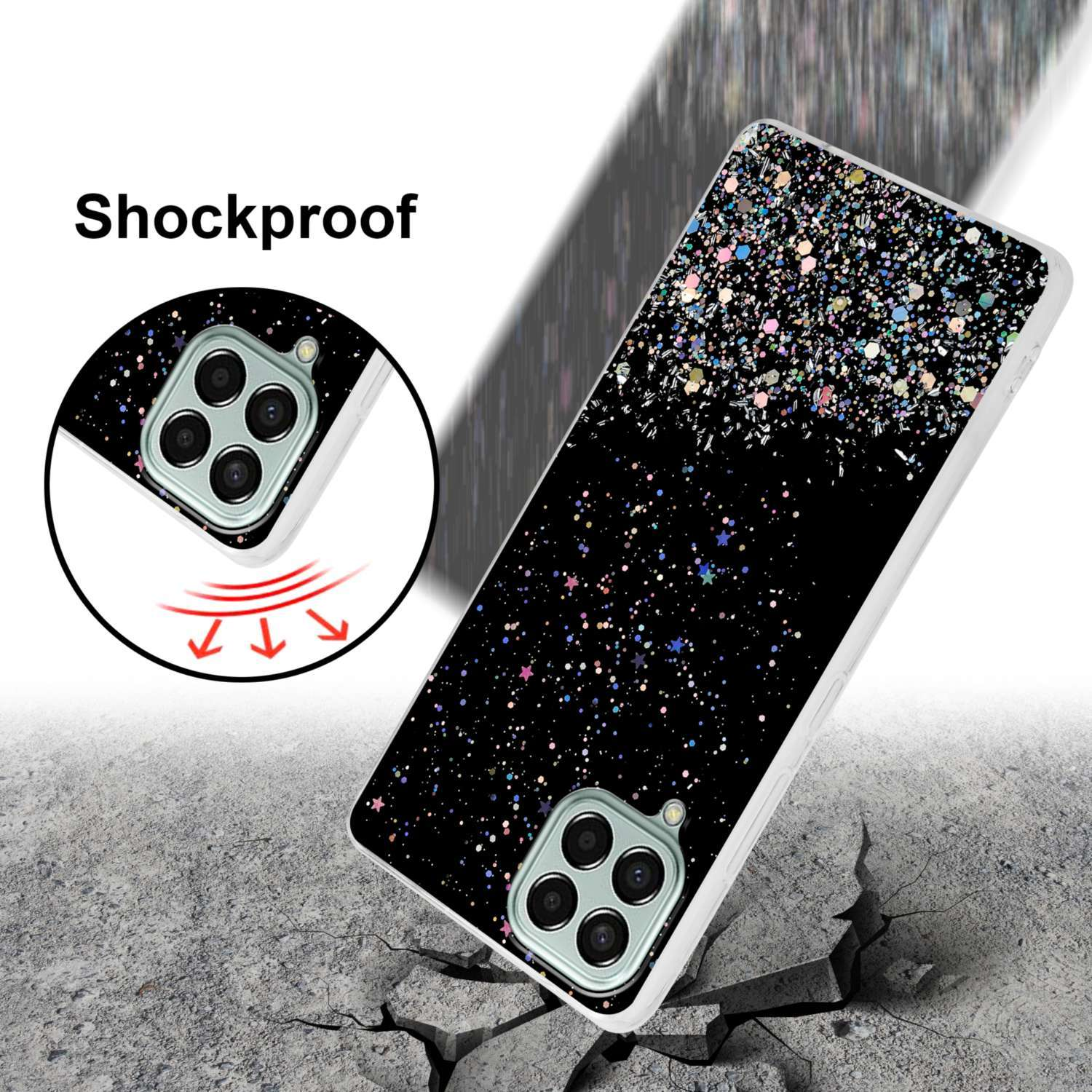 Custodia per telefono con design glitterato su terreno crepato. Testo 'Antiurto' sopra la custodia.