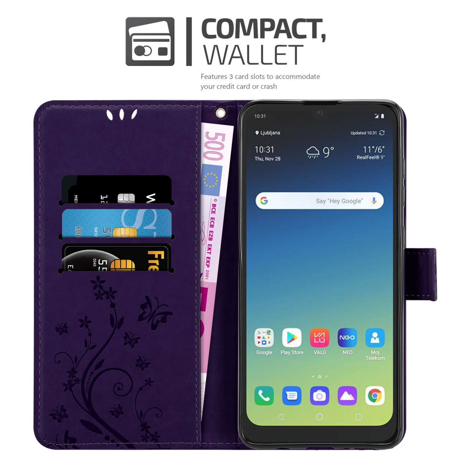 Custodia a portafoglio viola con telefono e carte. Testo: 'Portafoglio compatto'.