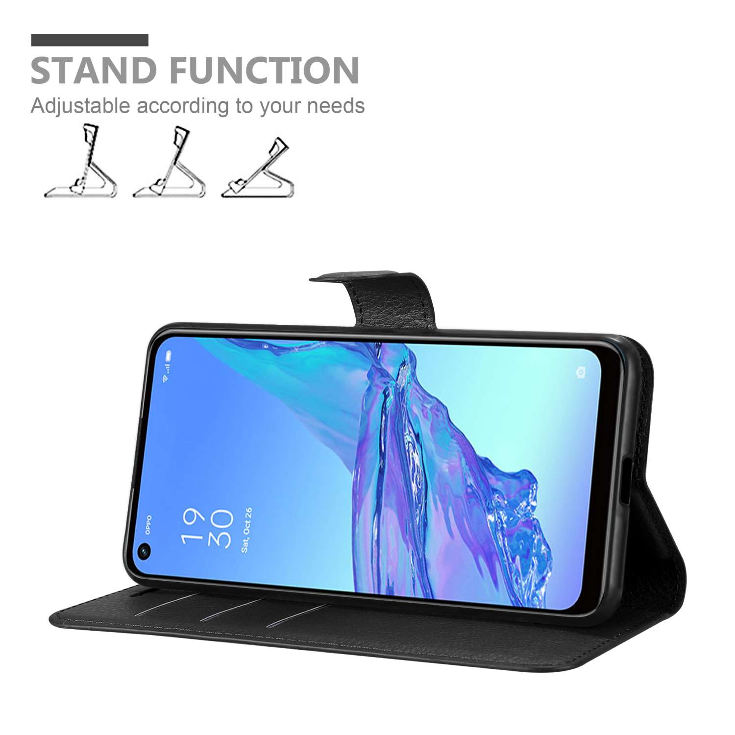 Custodia nera con telefono all'interno, funzione stand pubblicizzata con esempi.