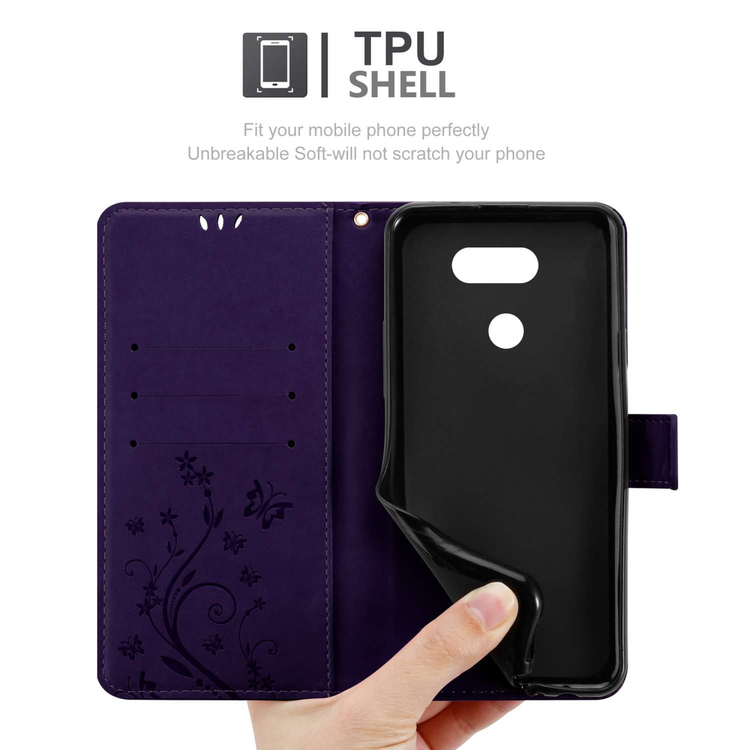 Custodia per telefono viola con design floreale e mano che la tiene. L'interno mostra un telefono nero. Ha fessure per carte.