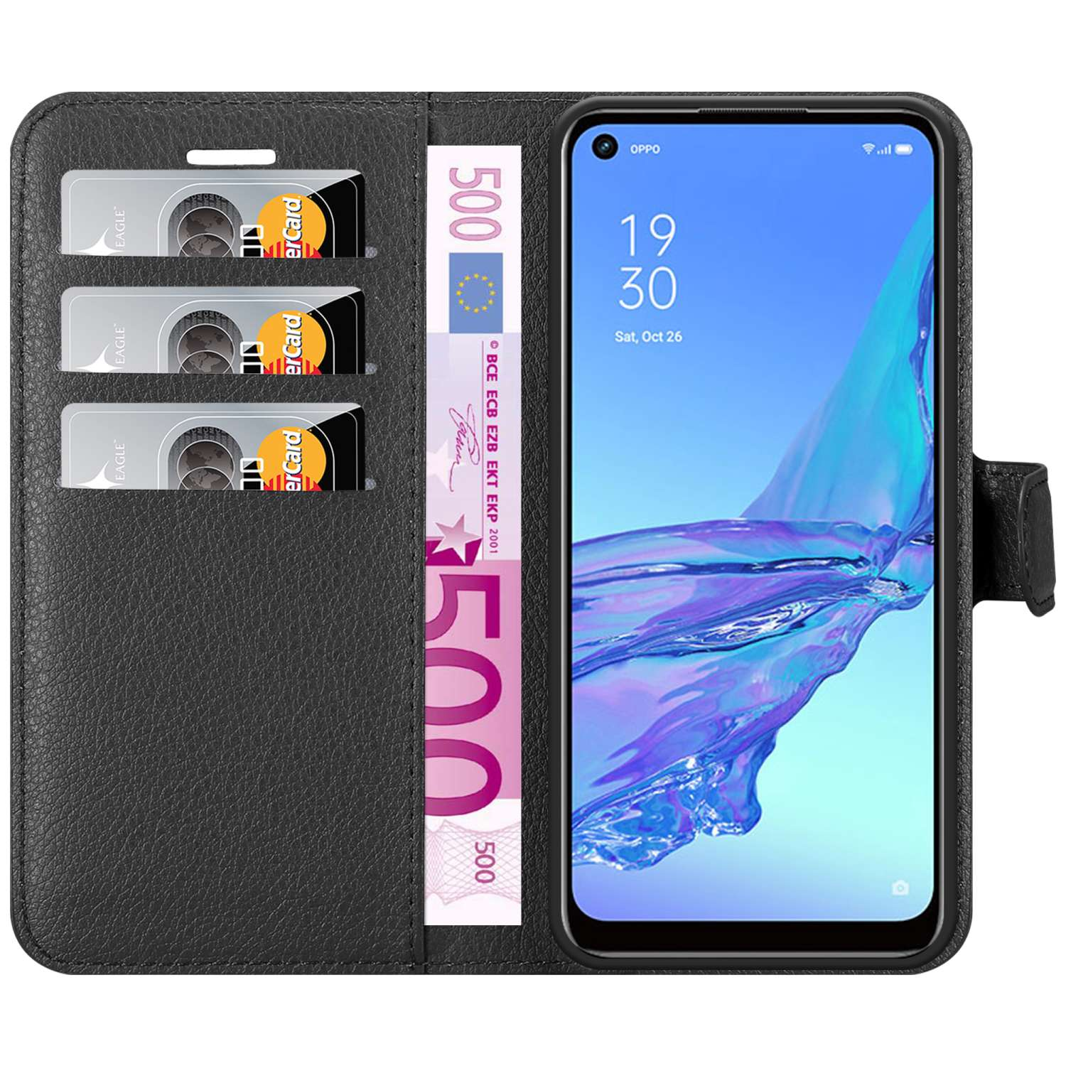 Una custodia nera per telefono aperta con carte e denaro visibili e un telefono con schermo.