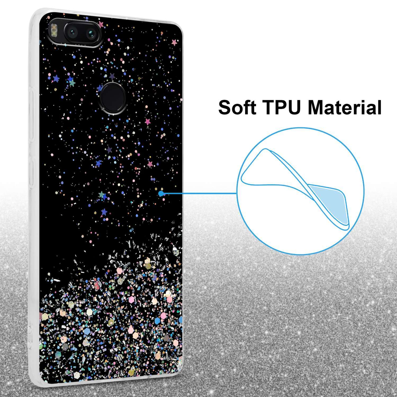 Custodia per telefono con sfondo nero e design glitterato colorato, il testo recita 'Soft TPU Material'.