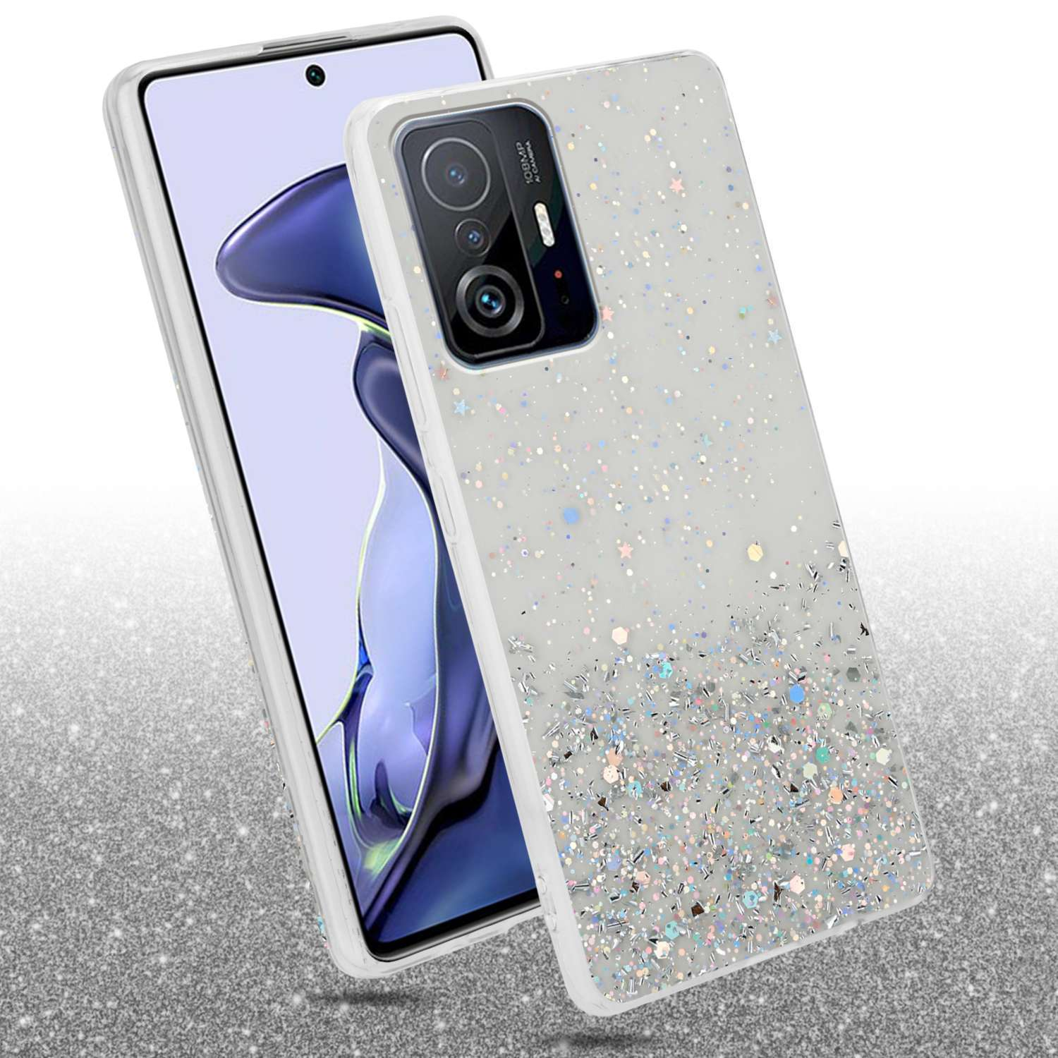 Custodia per telefono bianca con design glitterato, custodia appoggiata al telefono.