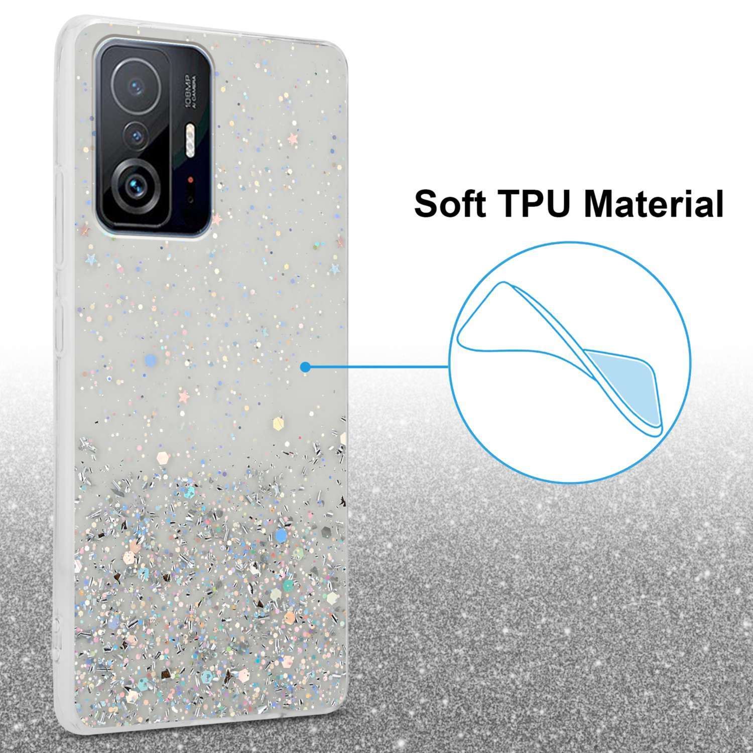 Custodia per telefono bianca con glitter e materiale TPU morbido. Il testo indica 'Soft TPU Material'.