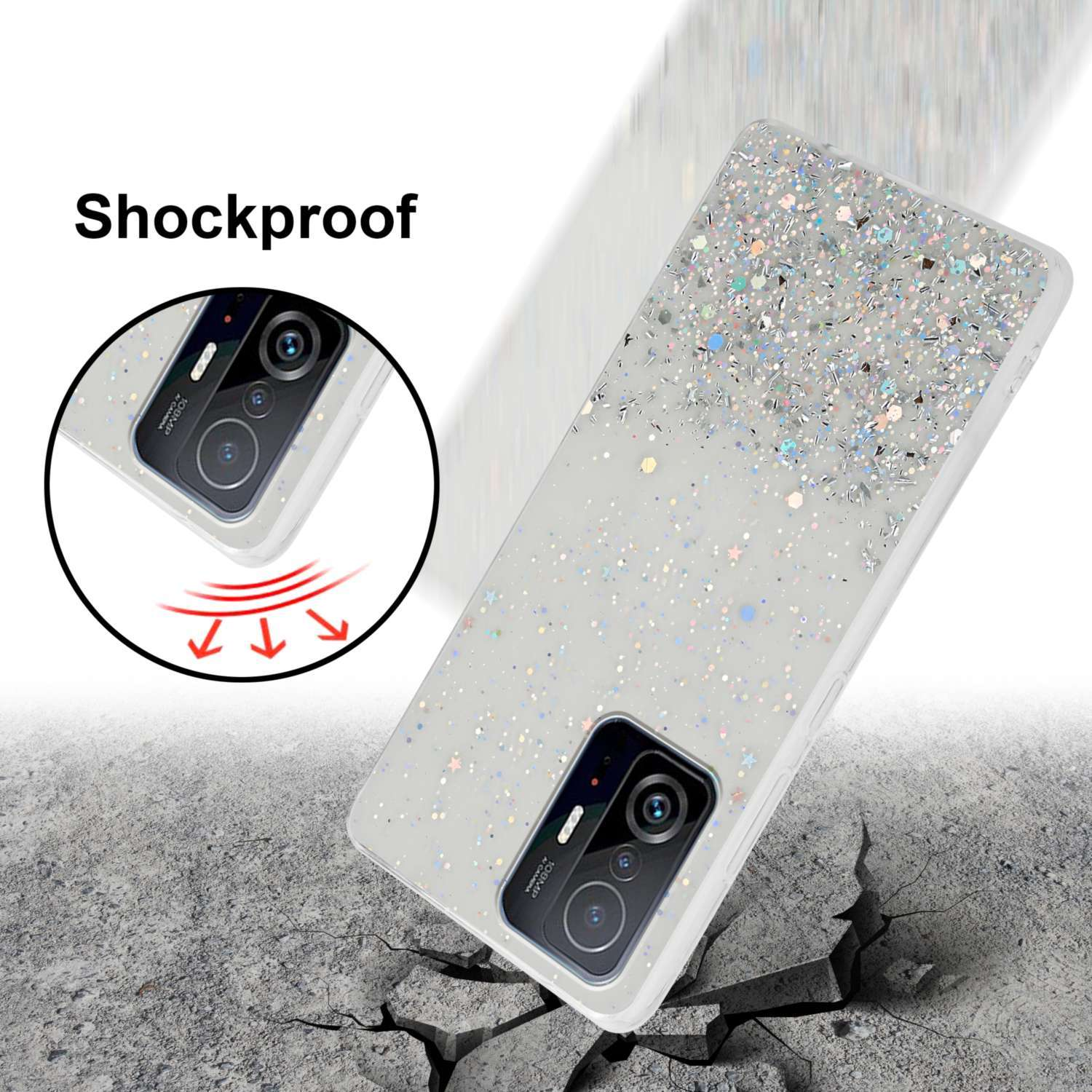 Telefono in una custodia glitterata, angolato, che spacca il terreno.