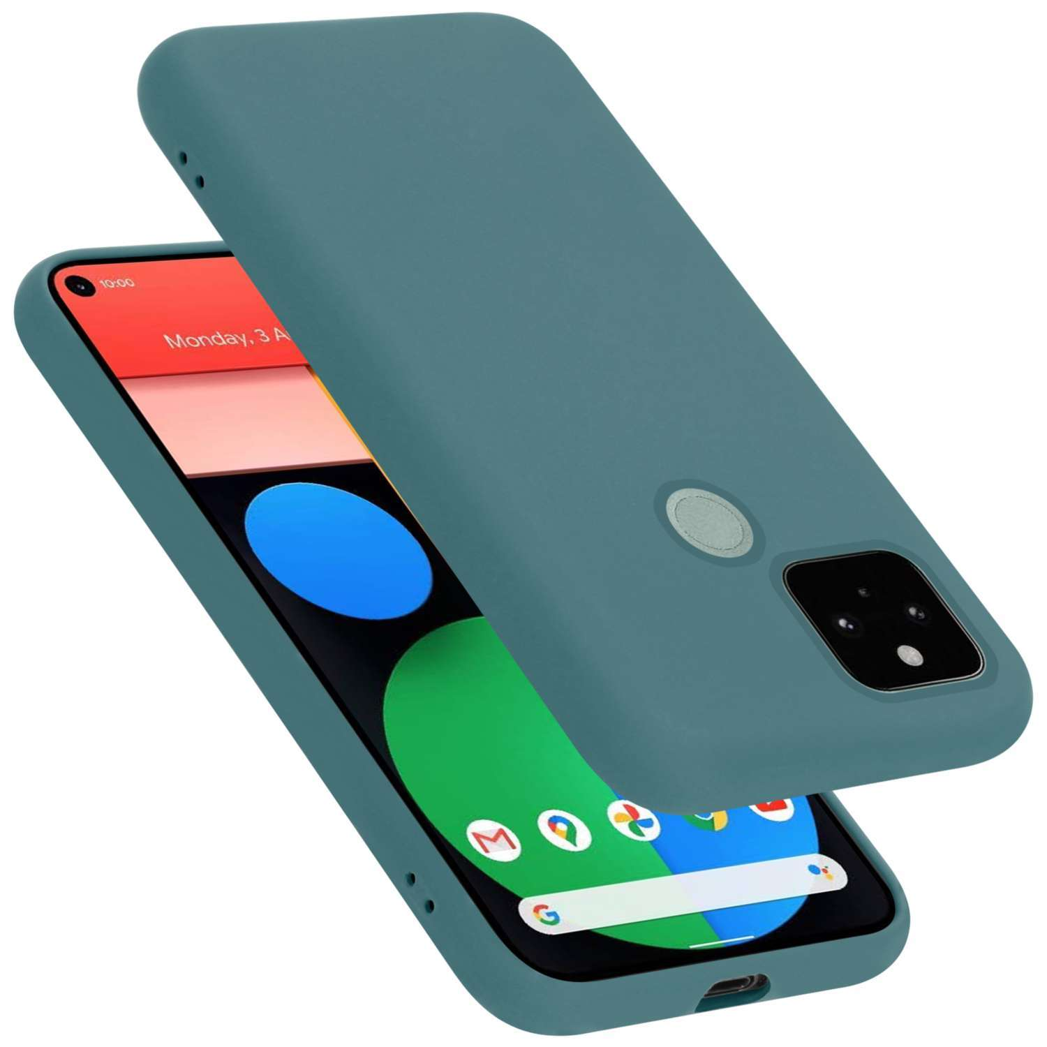 Una custodia per telefono color teal con un telefono all'interno. Un'altra custodia è sopra.