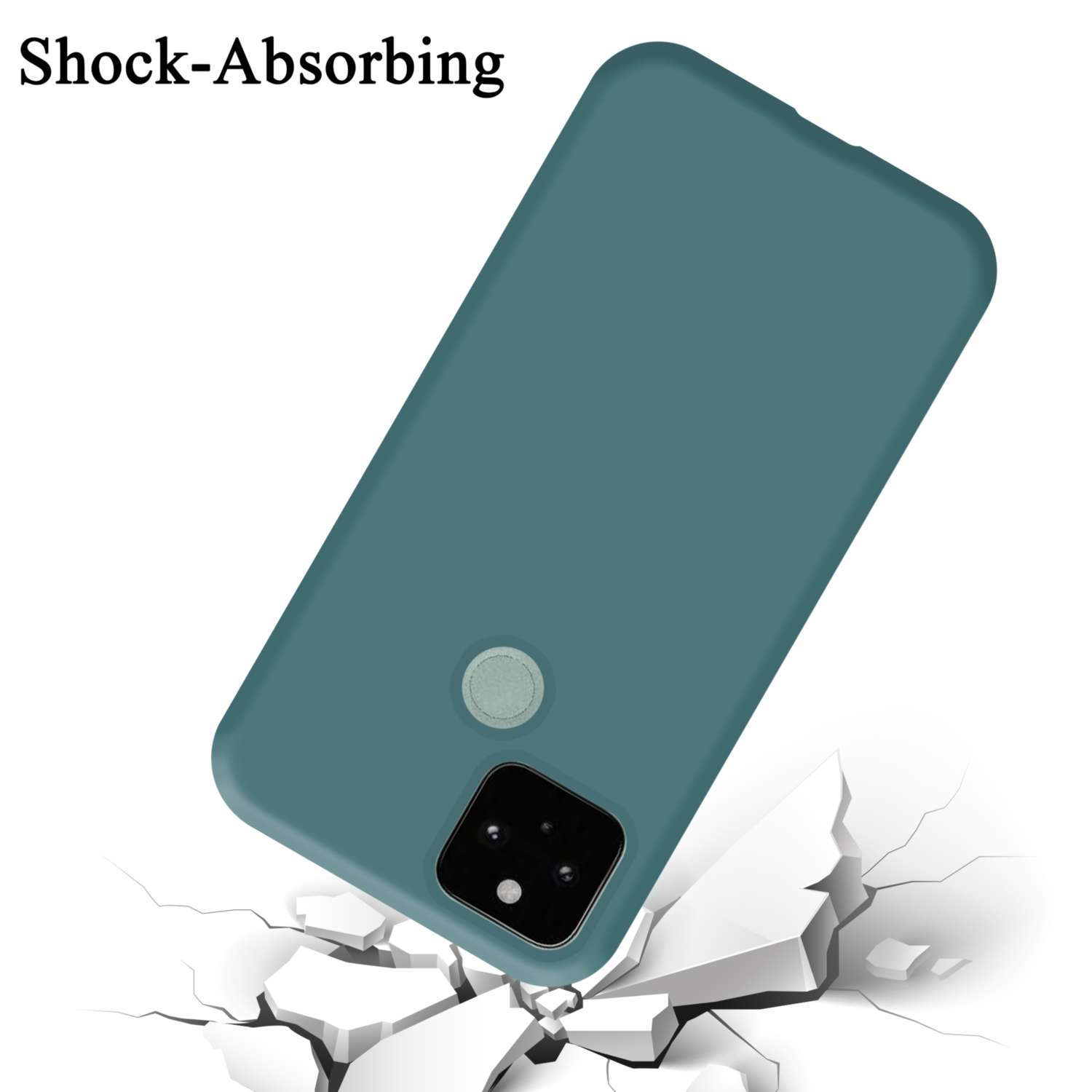 Una custodia per telefono turchese, su superfici bianche rotte. Le parole 'Shock-Absorbing' in alto.