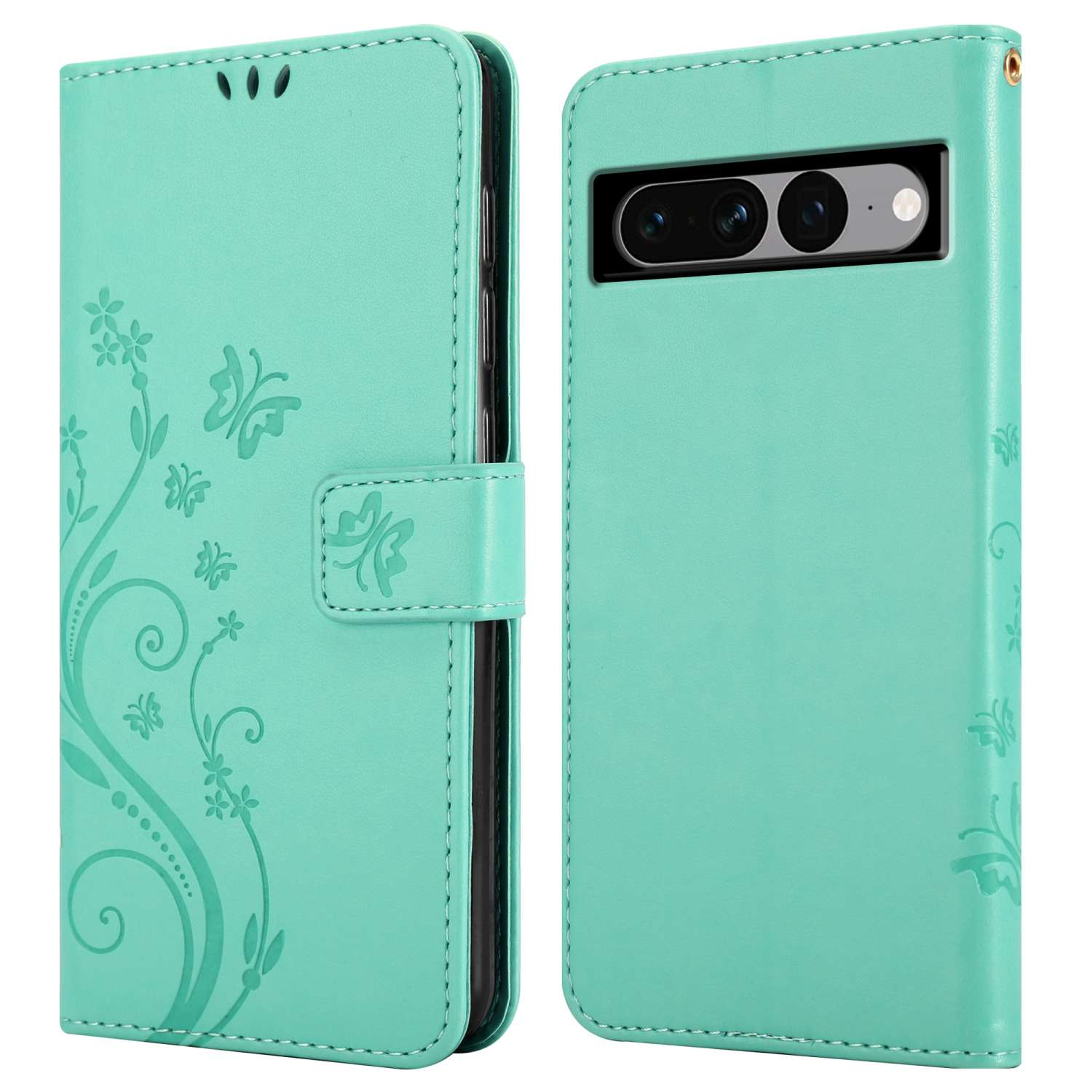 Custodia per telefono verde menta, aperta, con motivo a farfalla e chiusura.