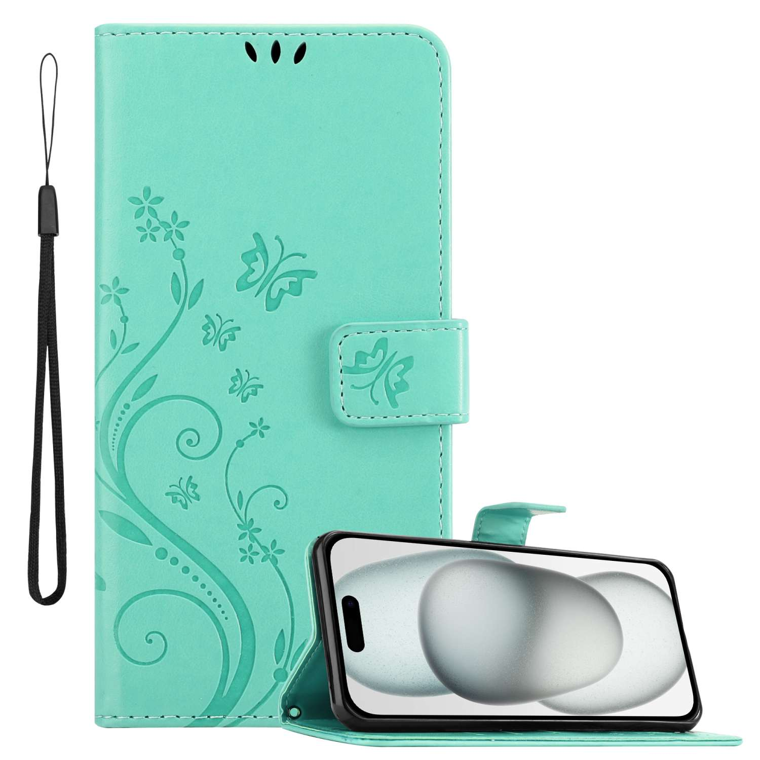 Custodia per telefono verde menta con design floreale e telefono nella custodia.