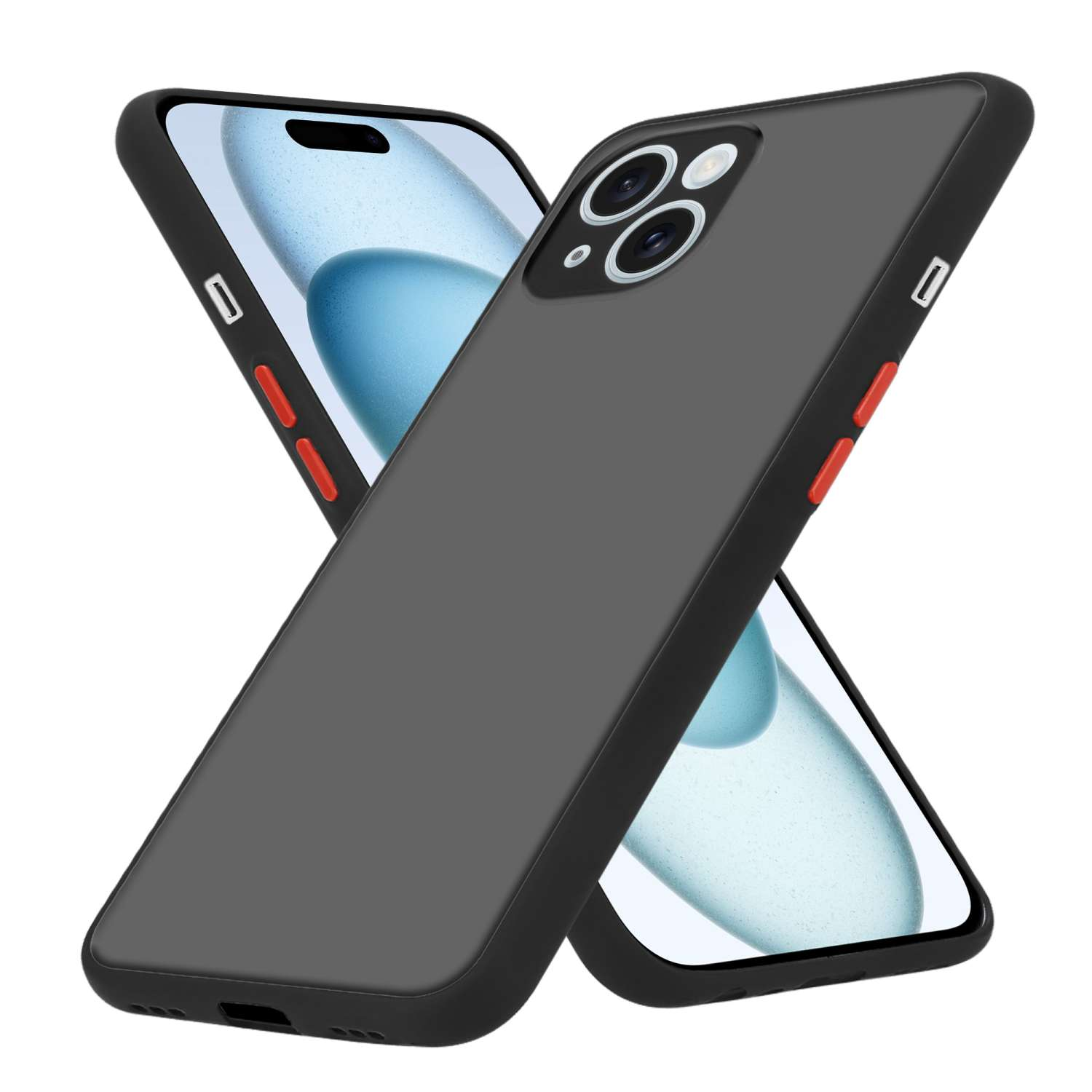 Due custodie per telefono nere, una con il telefono all'interno. Il telefono ha uno schermo blu e bianco.